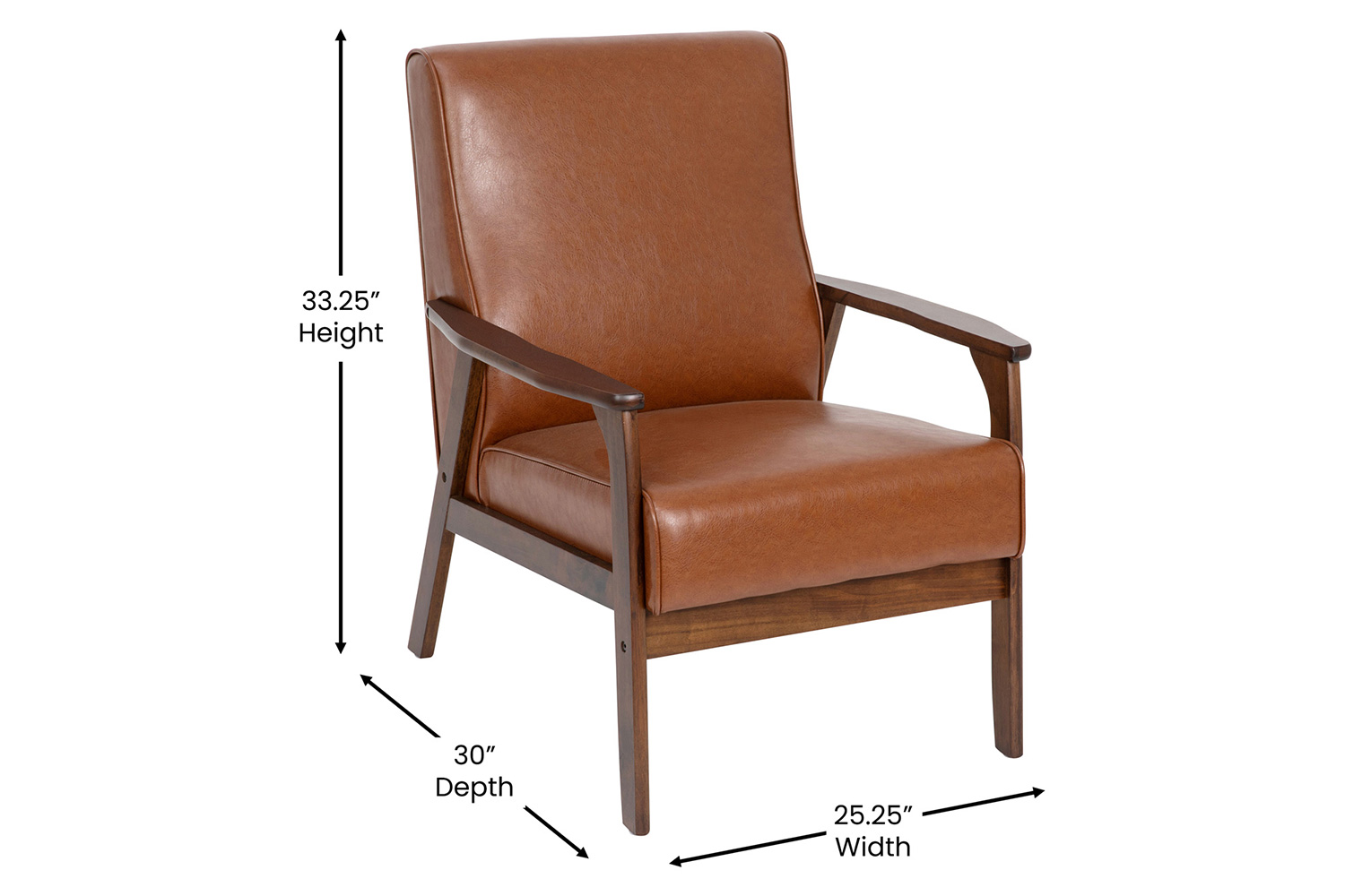 BLNK™ Langston Commercial LeatherSoft Upholstered Mid Century Modern Arm Chair with Walnut Finished Wooden Frame and Arms - Cognac