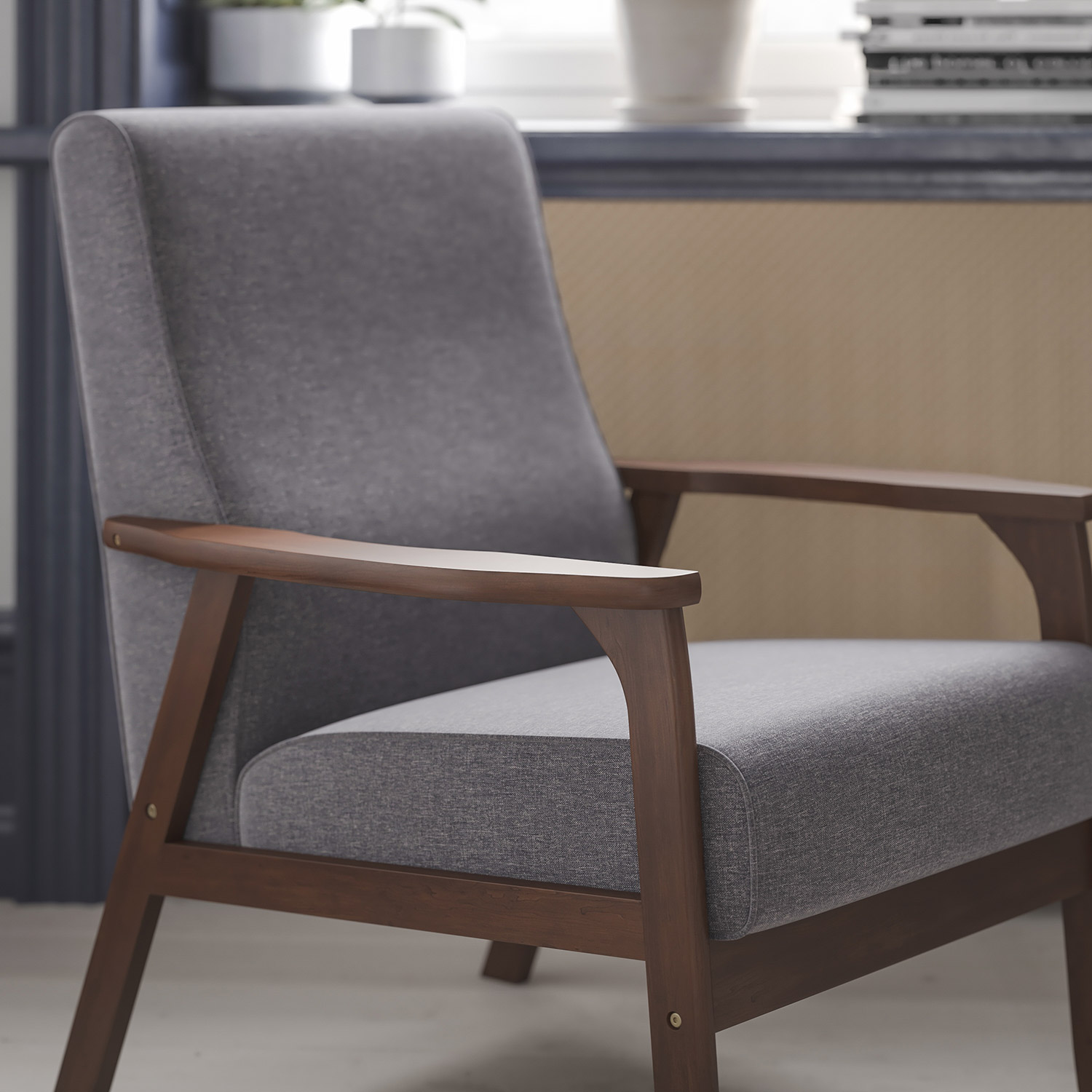 BLNK™ - Langston Commercial Faux Linen Upholstered Mid Century Modern Arm Chair with Walnut Finished Wooden Frame and Arms