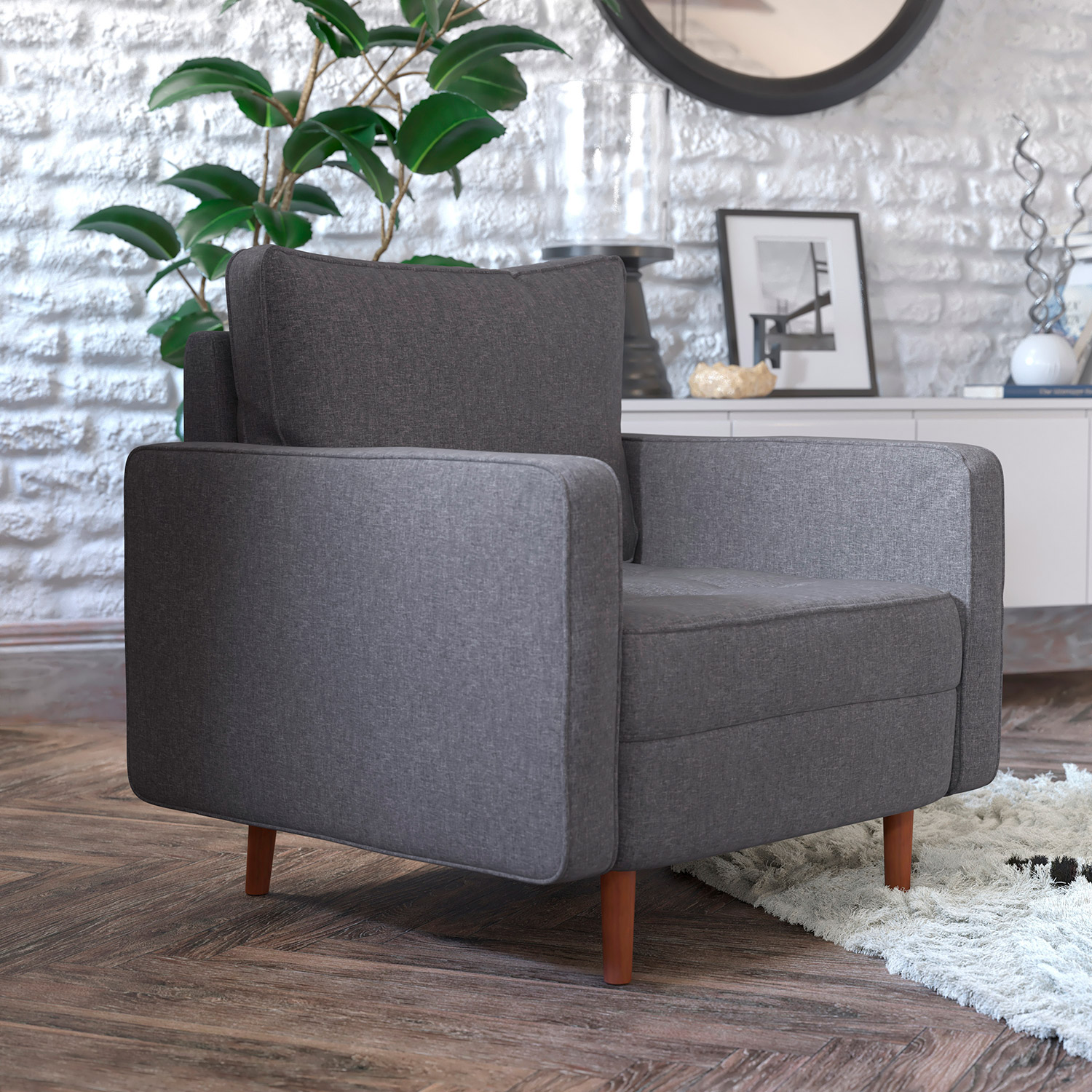 BLNK™ Hudson Commercial Mid-Century Modern Arm Chair with Tufted Faux Linen Upholstery and Solid Wood Legs - Dark Gray