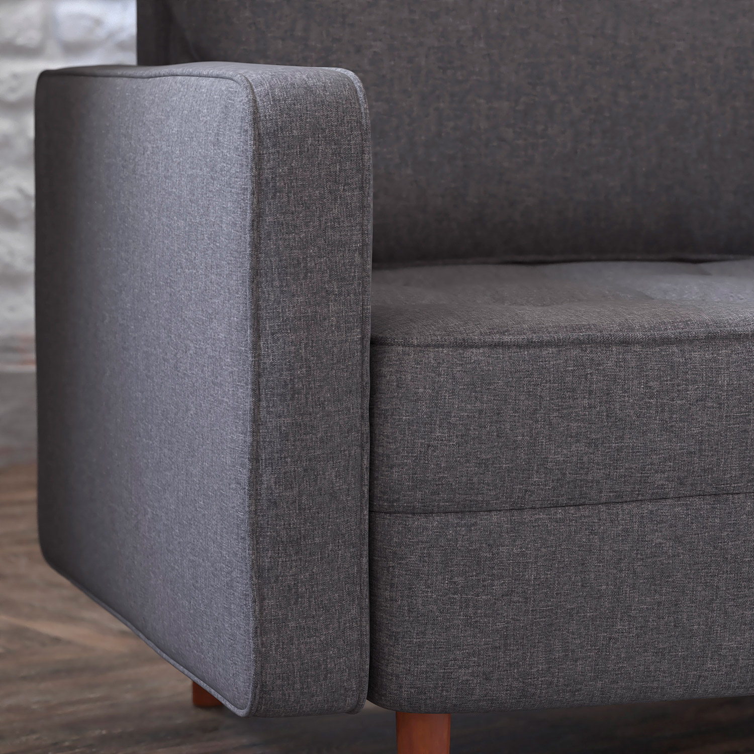 BLNK™ Hudson Commercial Mid-Century Modern Arm Chair with Tufted Faux Linen Upholstery and Solid Wood Legs - Dark Gray