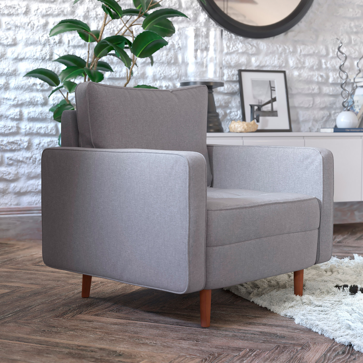 BLNK™ Hudson Commercial Mid-Century Modern Arm Chair with Tufted Faux Linen Upholstery and Solid Wood Legs - Slate Gray