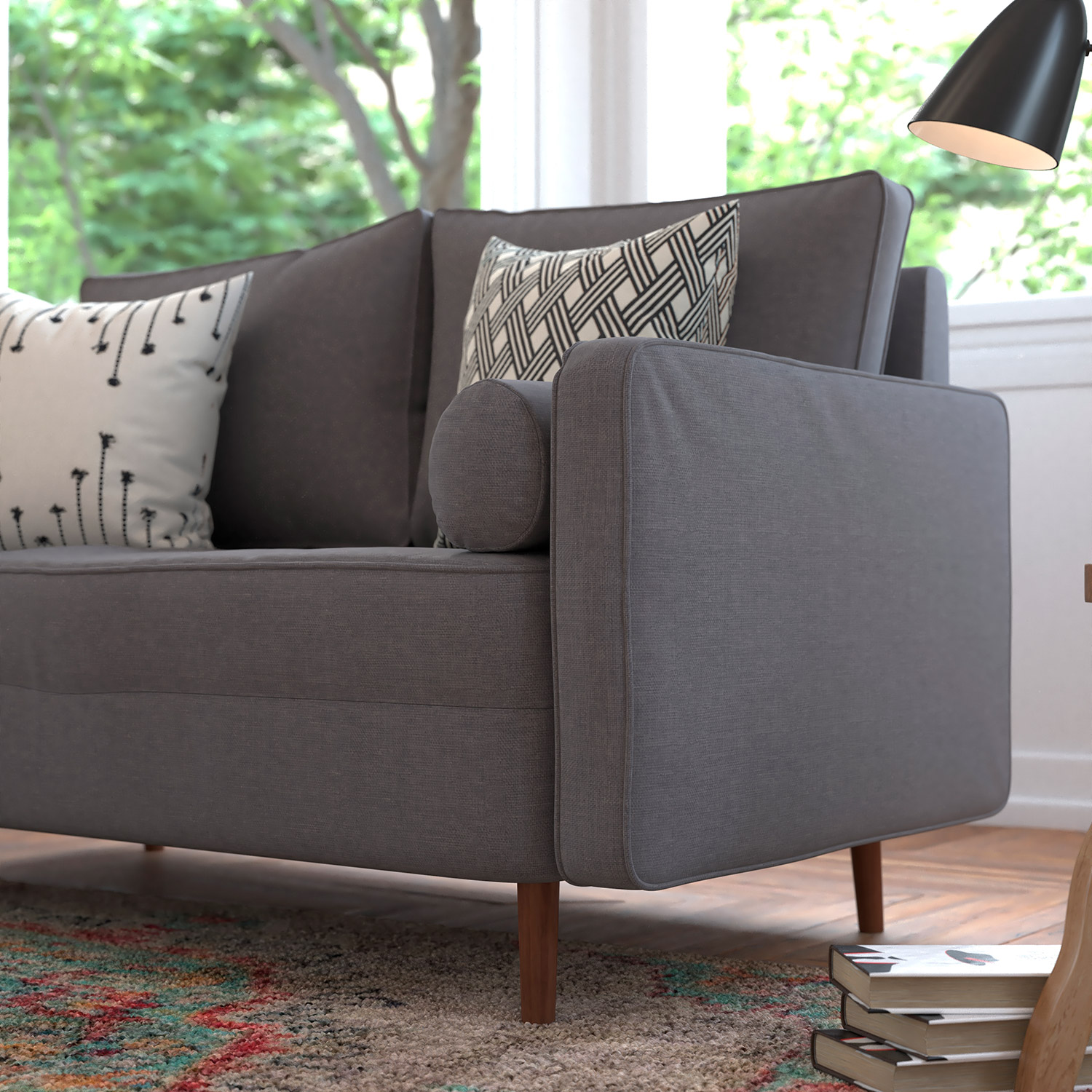 BLNK™ Hudson Mid-Century Modern Loveseat Sofa with Tufted Faux Linen Upholstery and Solid Wood Legs - Slate Gray