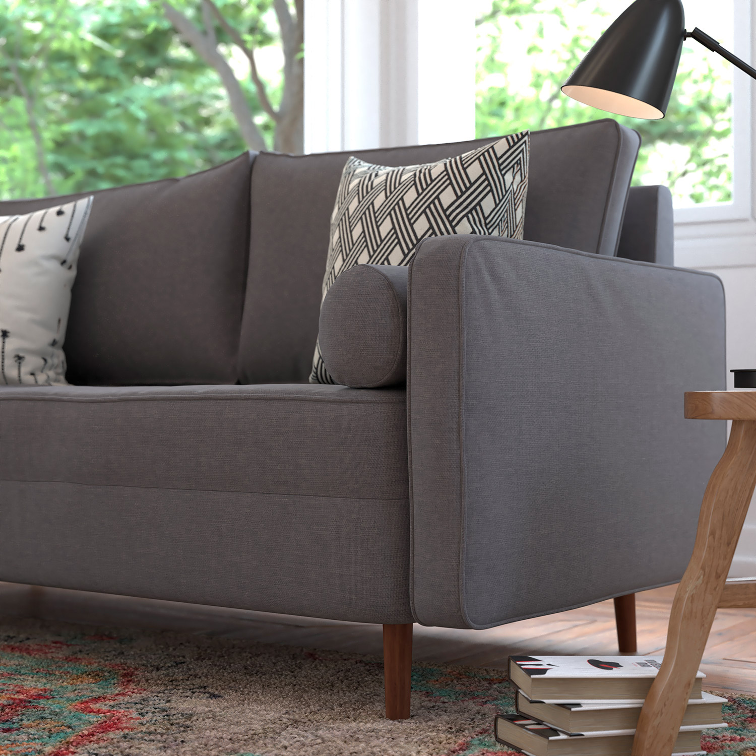 BLNK Hudson Mid-Century Modern Sofa with Tufted Faux Linen Upholstery and Solid Wood Legs - Dark Gray