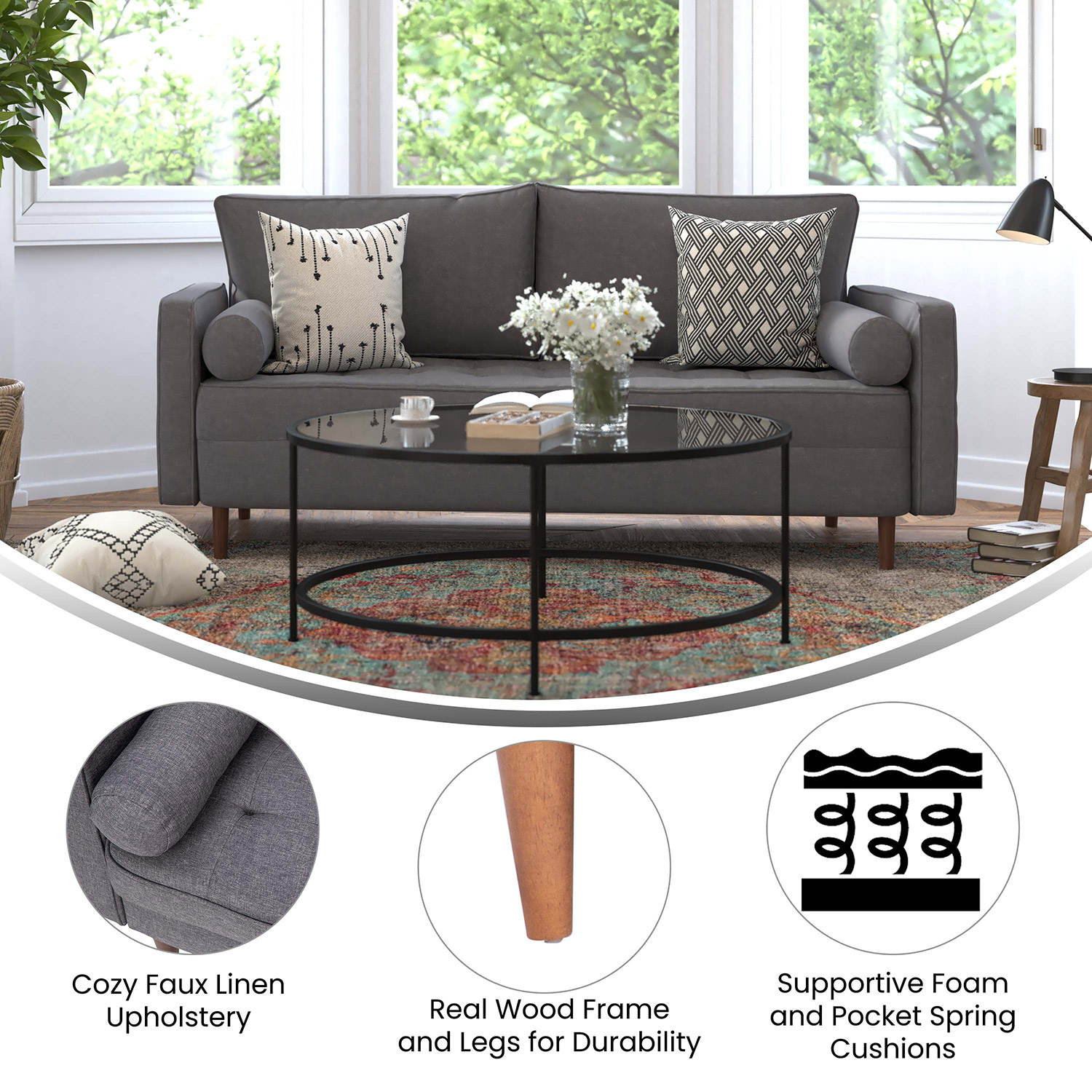 BLNK Hudson Mid-Century Modern Sofa with Tufted Faux Linen Upholstery and Solid Wood Legs - Dark Gray