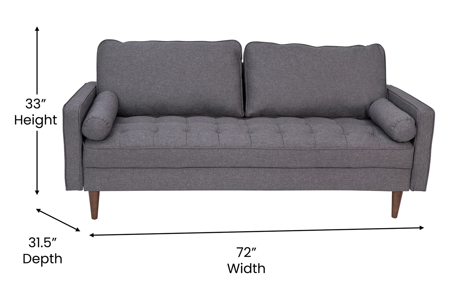 BLNK Hudson Mid-Century Modern Sofa with Tufted Faux Linen Upholstery and Solid Wood Legs - Dark Gray