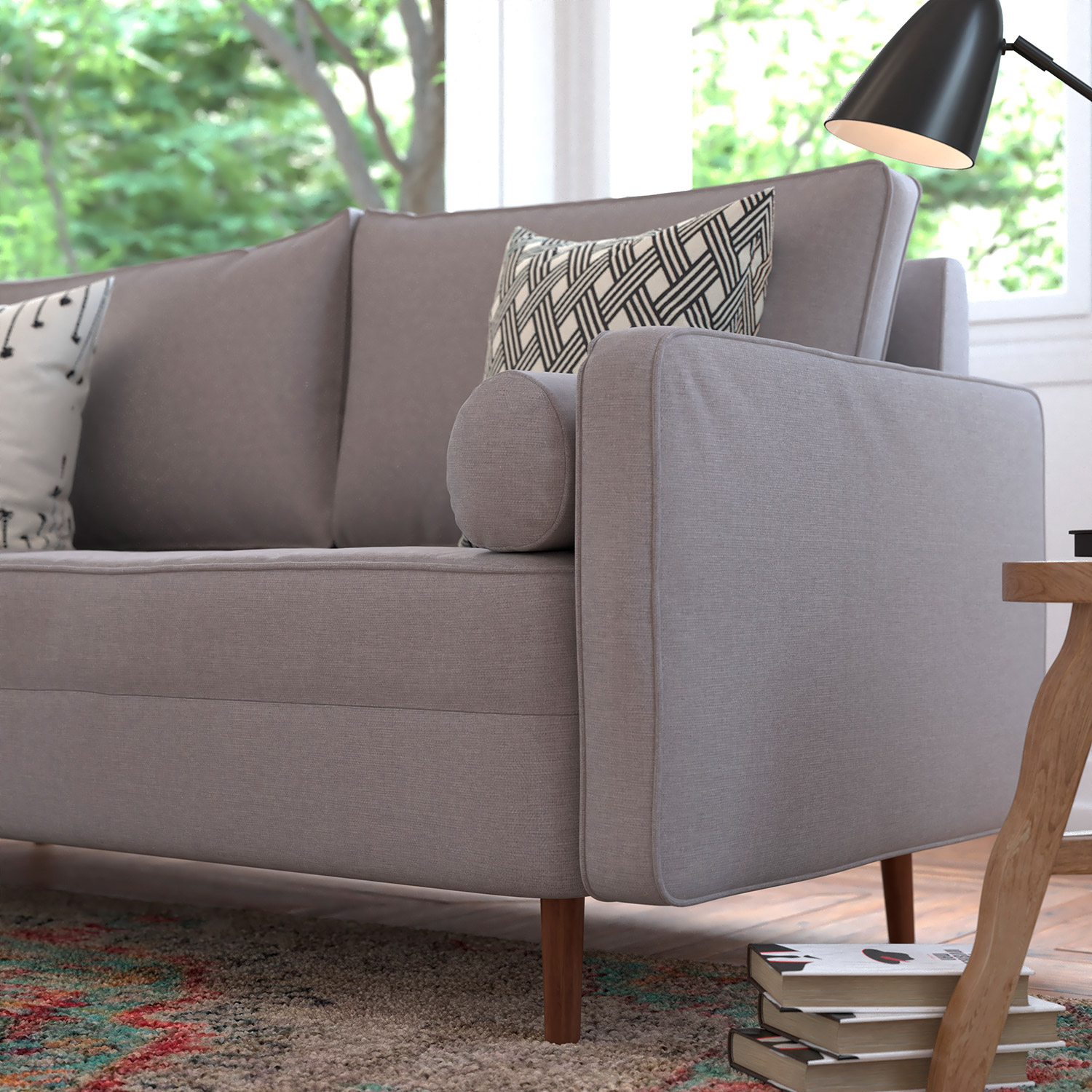 BLNK Hudson Mid-Century Modern Sofa with Tufted Faux Linen Upholstery and Solid Wood Legs - Slate Gray