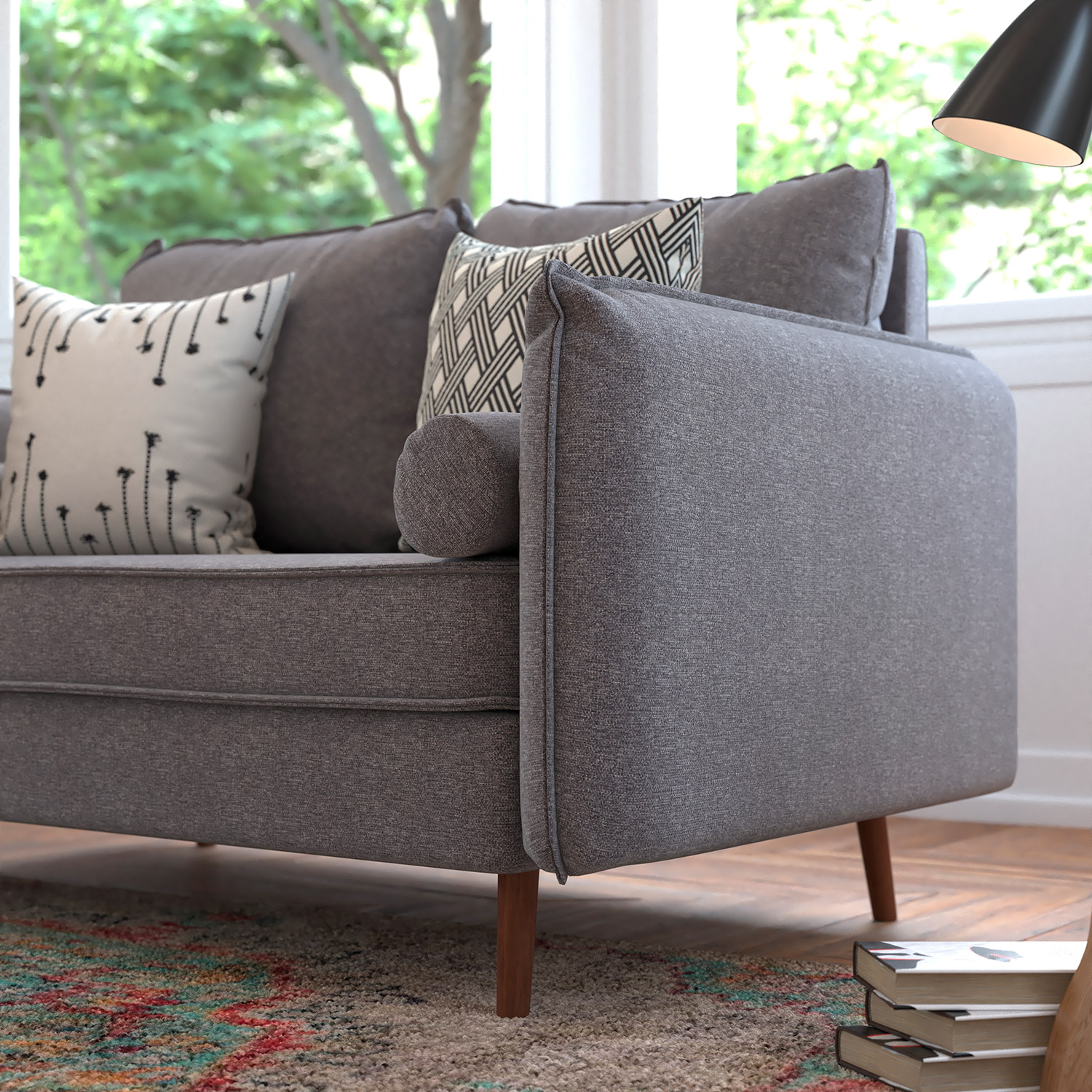 BLNK Evie Faux Linen Fabric Mid-Century Modern Loveseat Sofa with Solid Wood Legs - Stone Gray