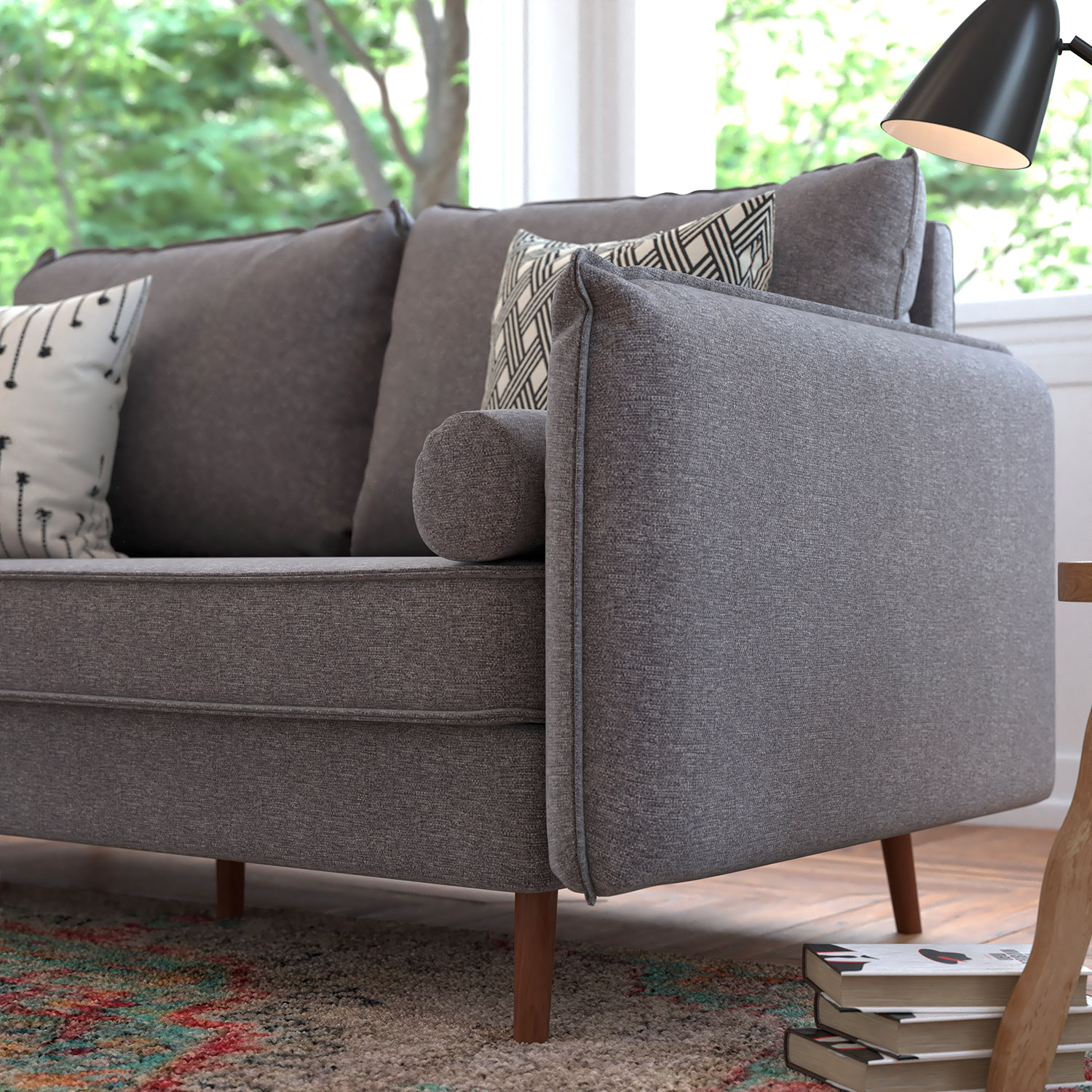 BLNK Evie Faux Linen Fabric Mid-Century Modern Sofa with Solid Wood Legs - Stone Gray