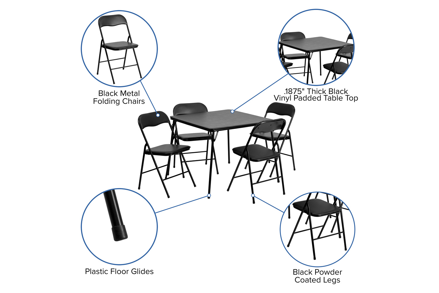 BLNK Madison Folding Card Table and Chair Set 5 Piece - Black