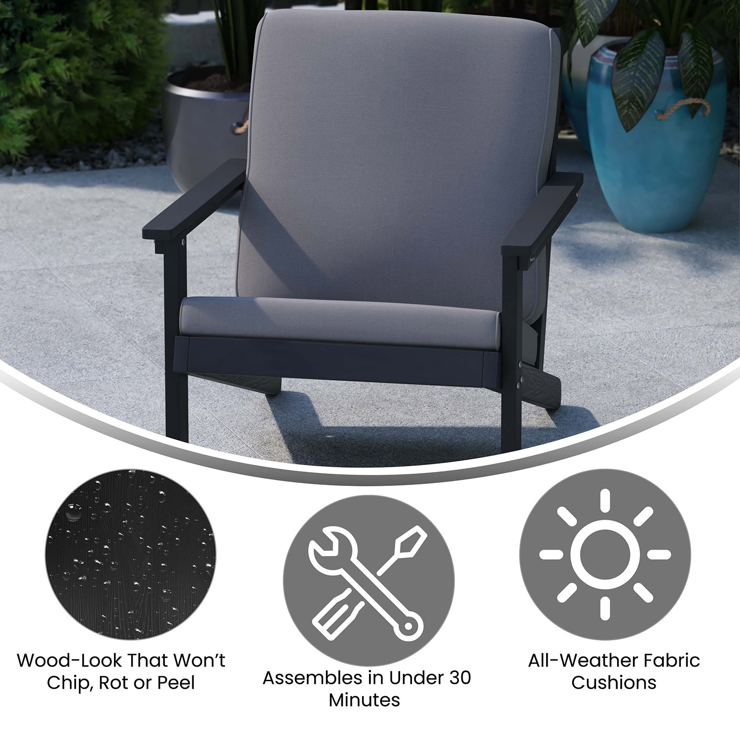 BLNK Charlestown All-Weather Poly Resin Wood Adirondack Style Deep Seat Patio Club Chair with Cushions - Black/Charcoal