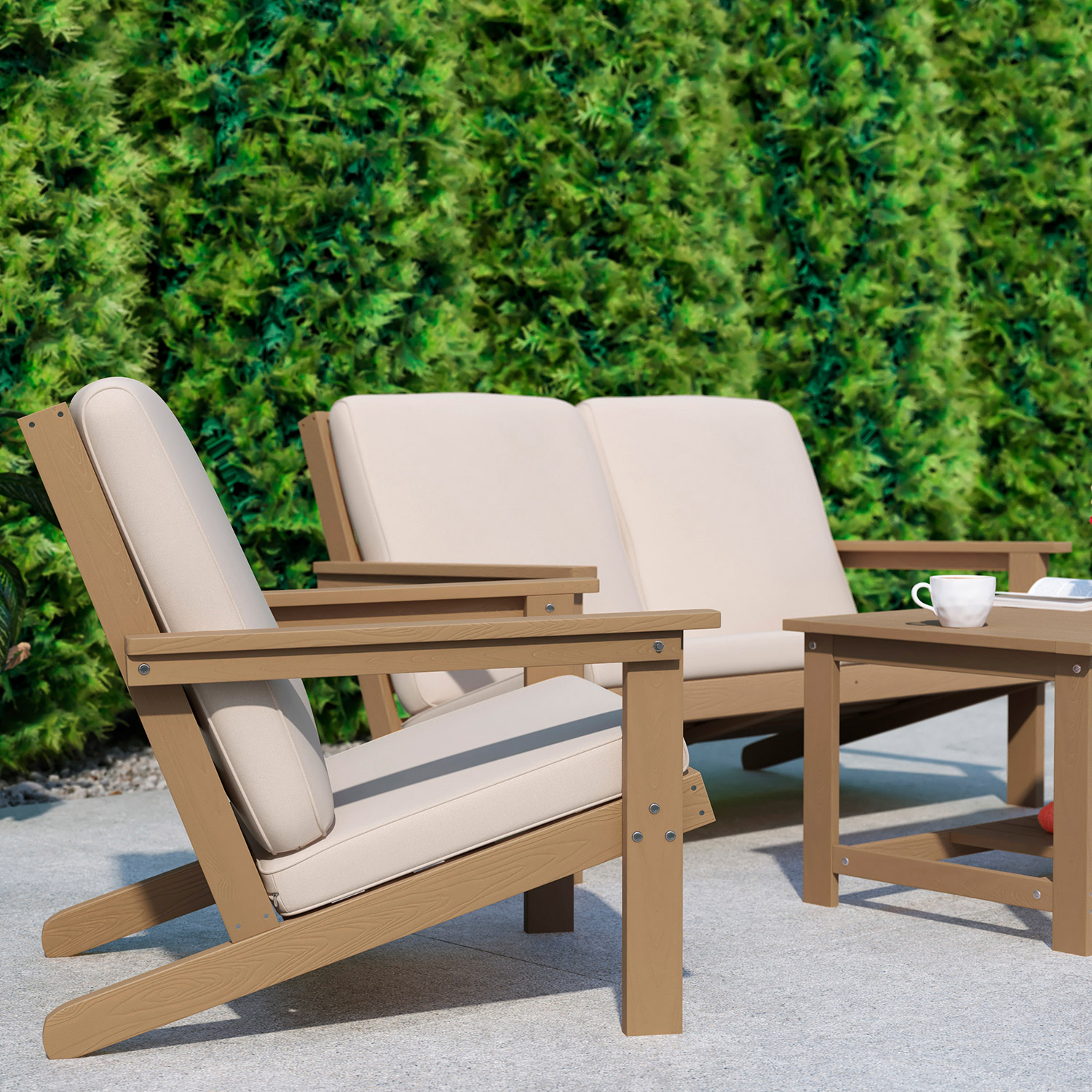 BLNK Charlestown All-Weather Poly Resin Wood Adirondack Style Deep Seat Patio Club Chair with Cushions - Natural Cedar/Cream