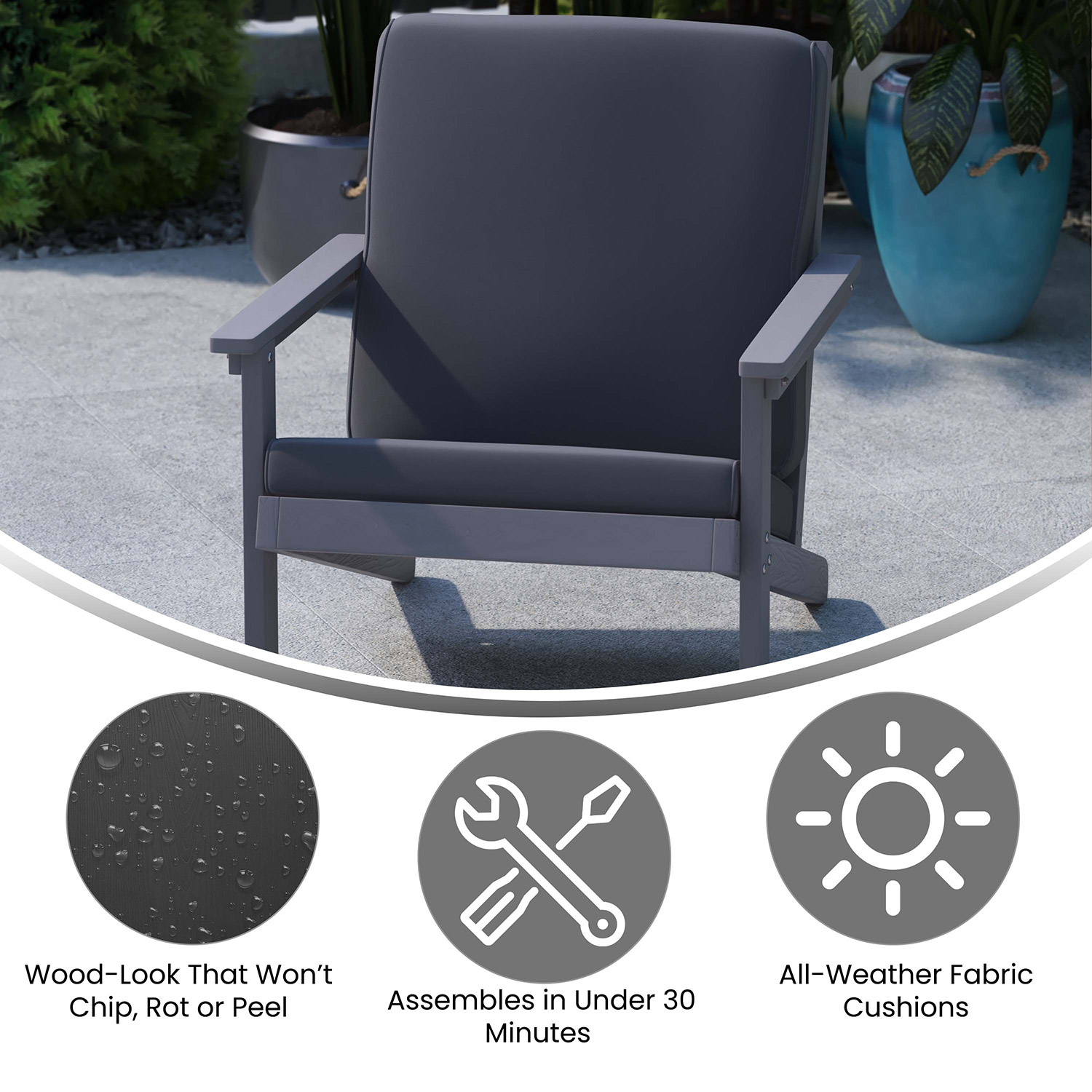 BLNK Charlestown All-Weather Poly Resin Wood Adirondack Style Deep Seat Patio Club Chair with Cushions - Gray/Gray