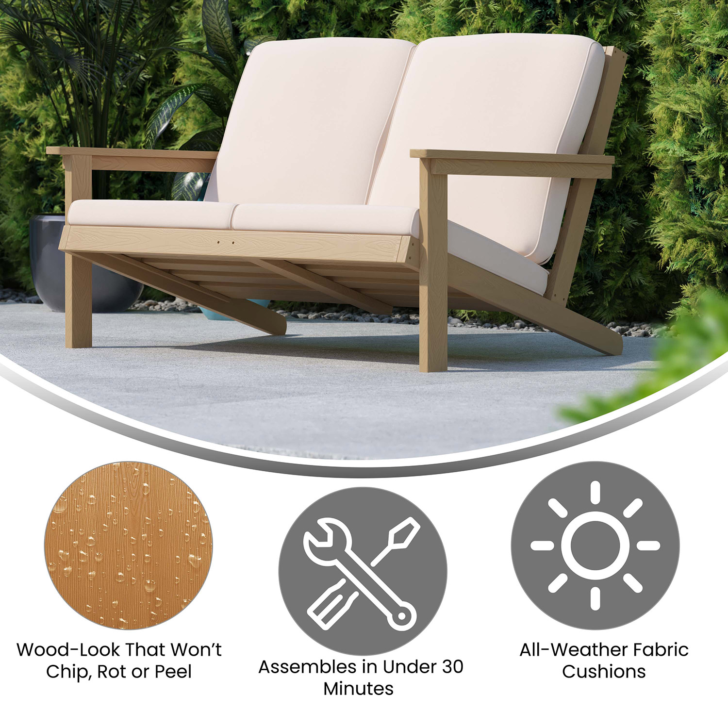 BLNK™ Charlestown All-Weather Poly Resin Wood Adirondack Style Deep Seat Patio Loveseat with Cushions - Natural Cedar/Cream