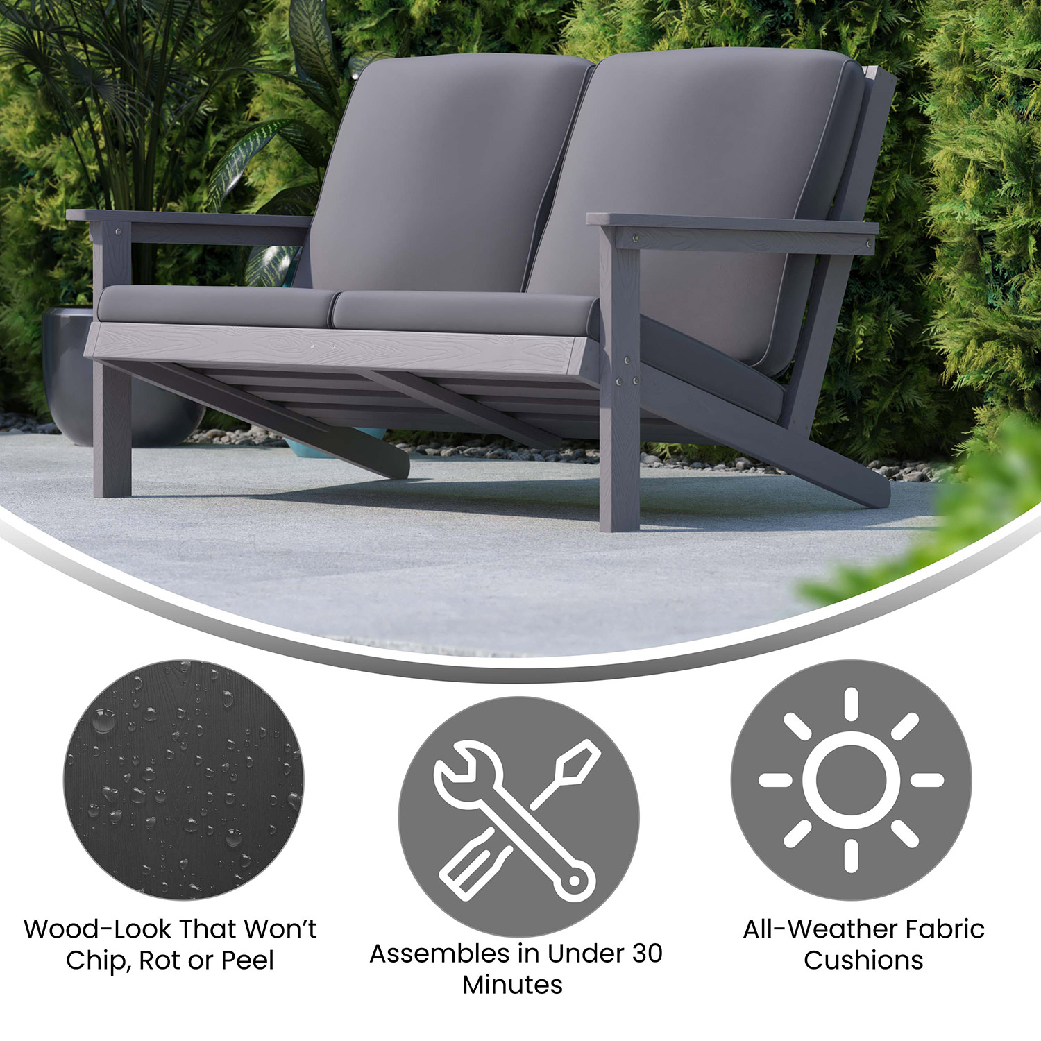 BLNK™ Charlestown All-Weather Poly Resin Wood Adirondack Style Deep Seat Patio Loveseat with Cushions - Gray/Gray