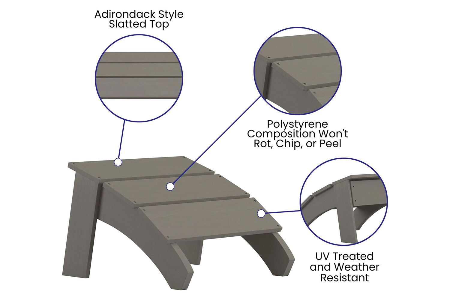 BLNK Sawyer Commercial All-Weather Poly Resin Wood Adirondack Ottoman Foot Rest - Gray