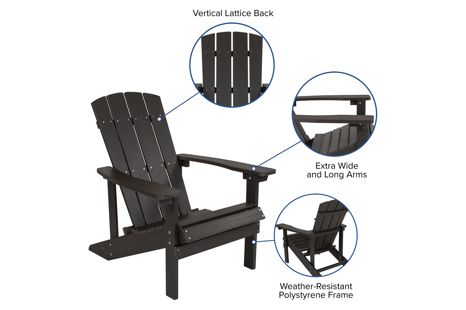 BLNK Charlestown Commercial All-Weather Poly Resin Wood Adirondack Chairs with Side Table 2 Pack - Black