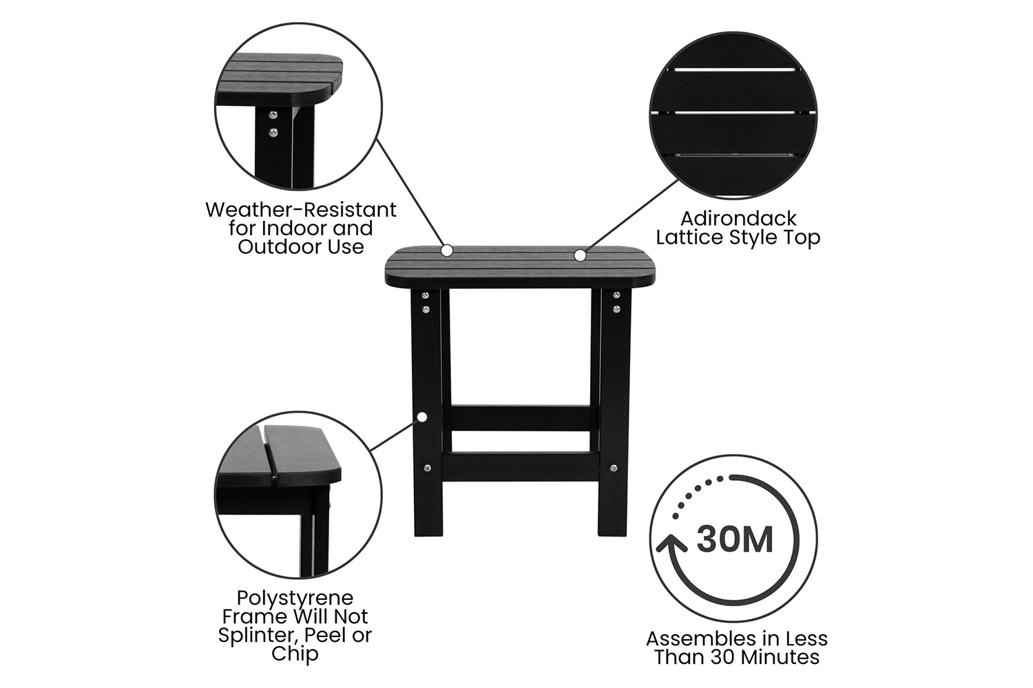 BLNK Charlestown Commercial All-Weather Poly Resin Wood Adirondack Chairs with Side Table 2 Pack - Black