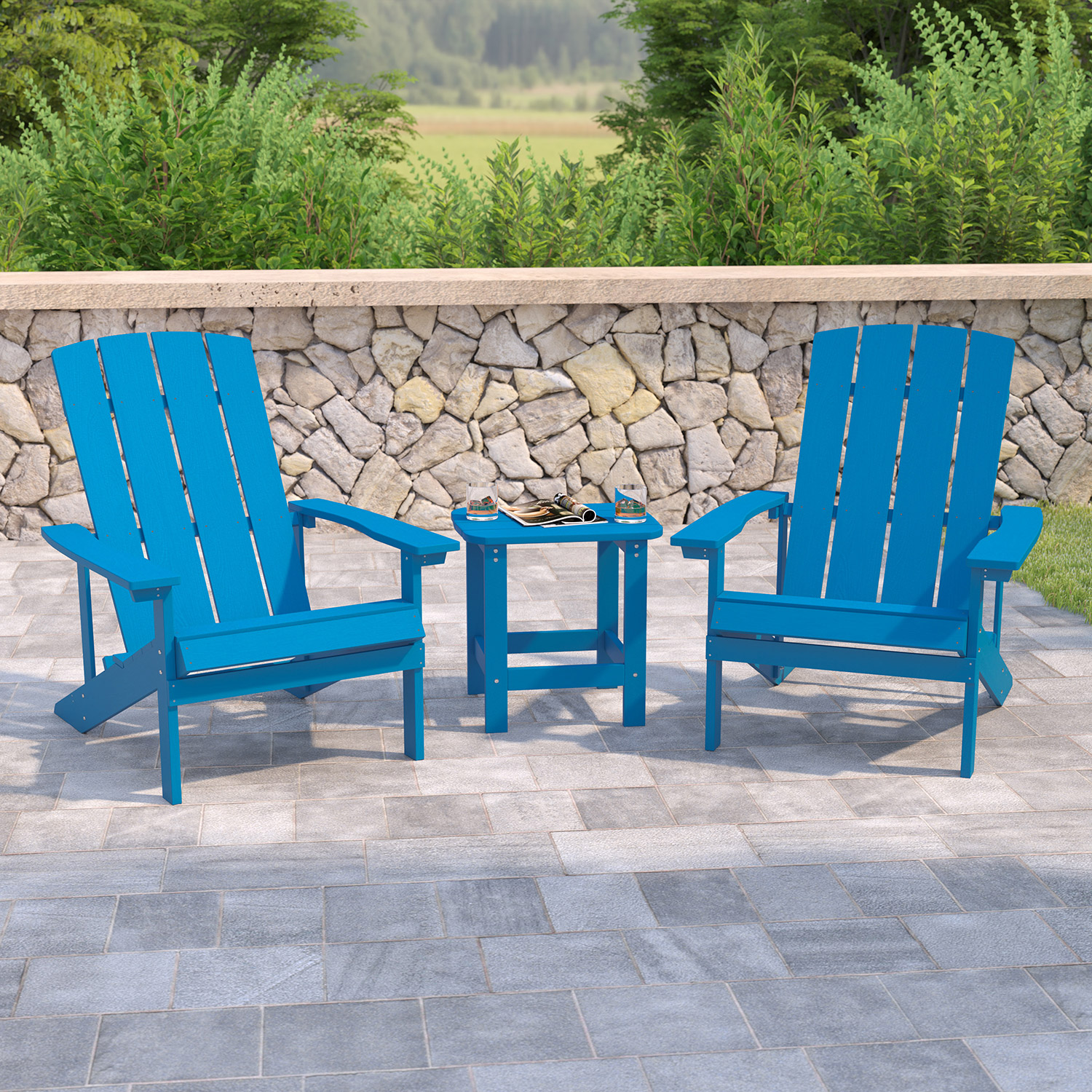 BLNK Charlestown Commercial All-Weather Poly Resin Wood Adirondack Chairs with Side Table 2 Pack