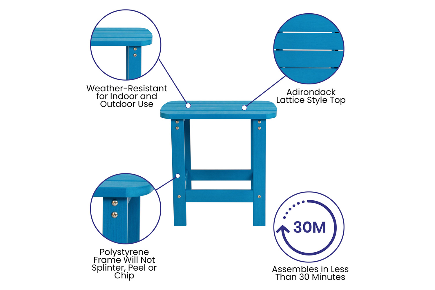 BLNK Charlestown Commercial All-Weather Poly Resin Wood Adirondack Chairs with Side Table 2 Pack - Blue