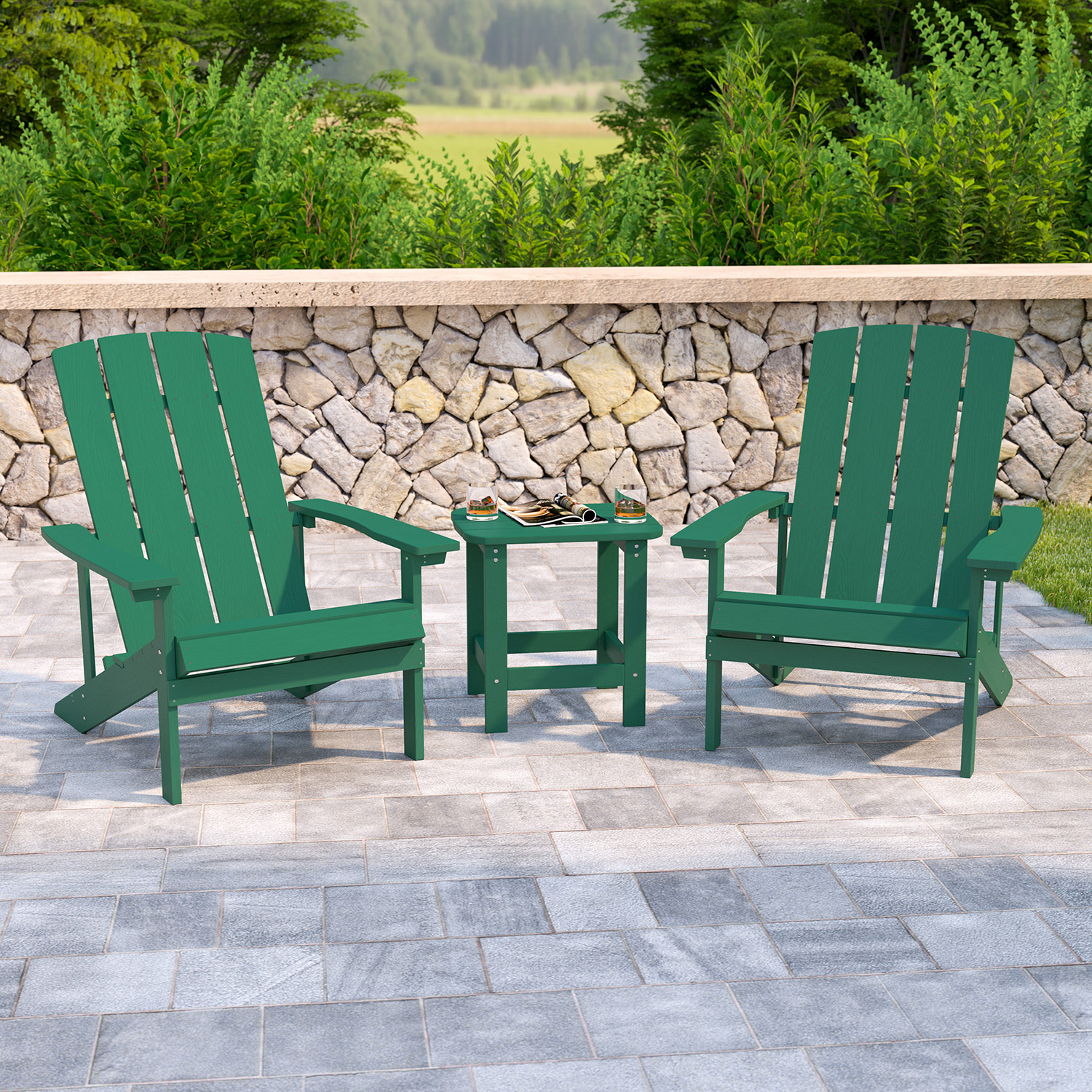 BLNK Charlestown Commercial All-Weather Poly Resin Wood Adirondack Chairs with Side Table 2 Pack