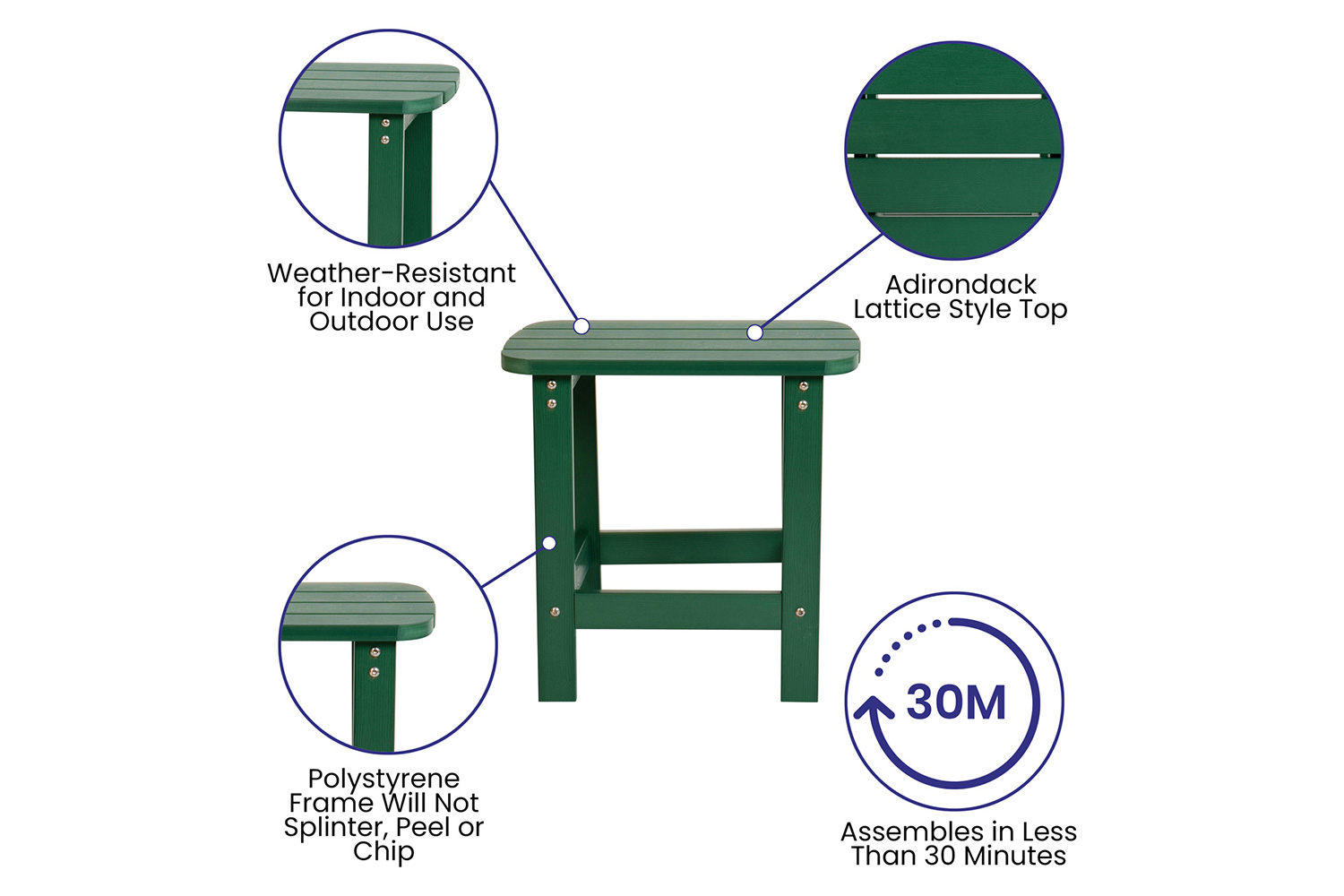 BLNK Charlestown Commercial All-Weather Poly Resin Wood Adirondack Chairs with Side Table 2 Pack - Green