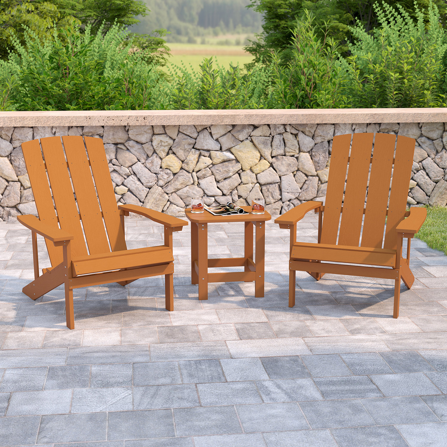 BLNK Charlestown Commercial All-Weather Poly Resin Wood Adirondack Chairs with Side Table 2 Pack