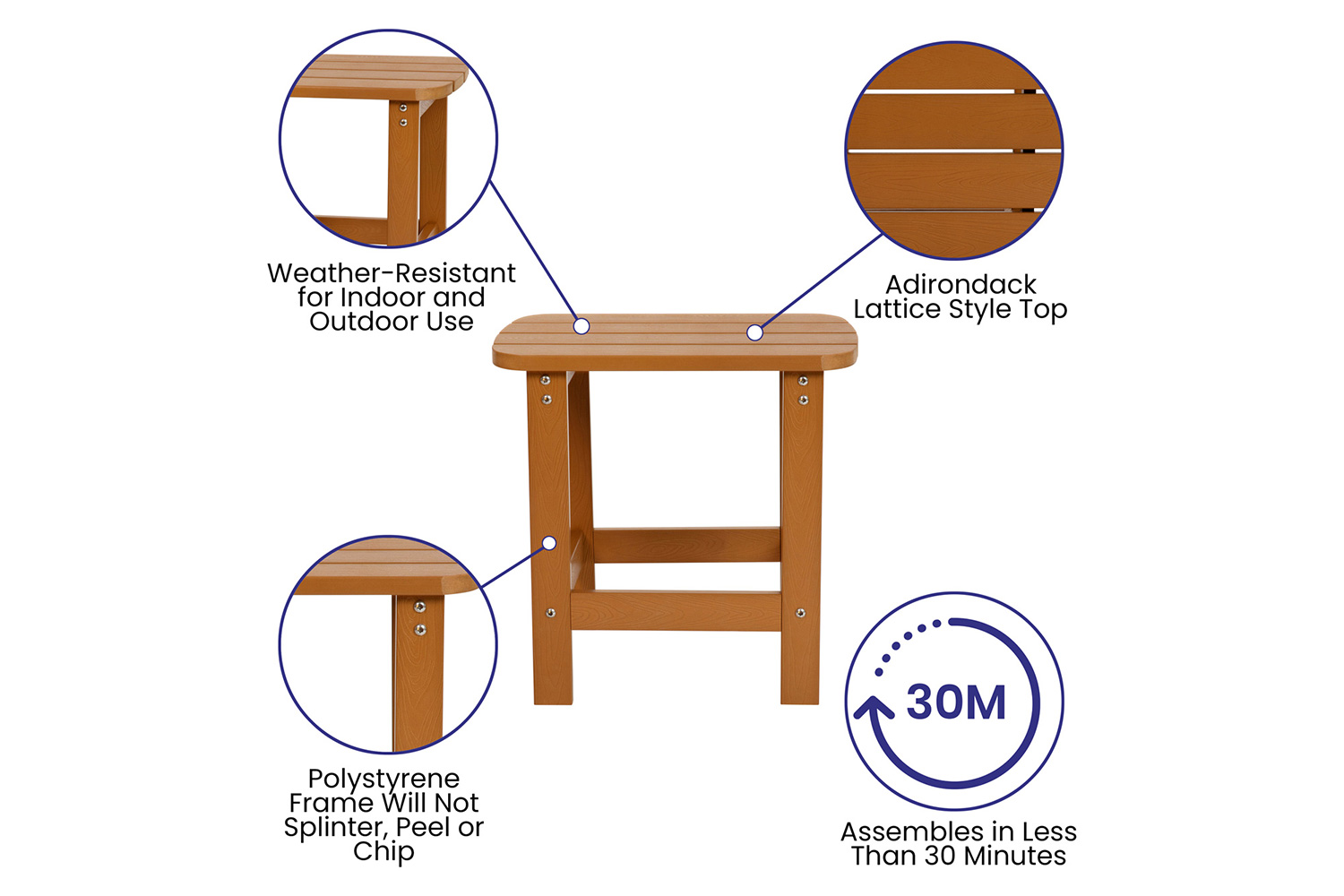 BLNK Charlestown Commercial All-Weather Poly Resin Wood Adirondack Chairs with Side Table 2 Pack - Teak