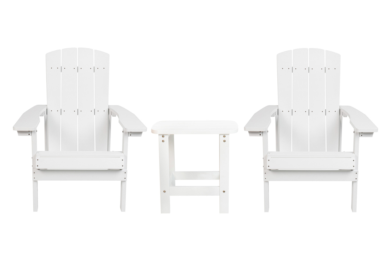 BLNK Charlestown Commercial All-Weather Poly Resin Wood Adirondack Chairs with Side Table 2 Pack - White