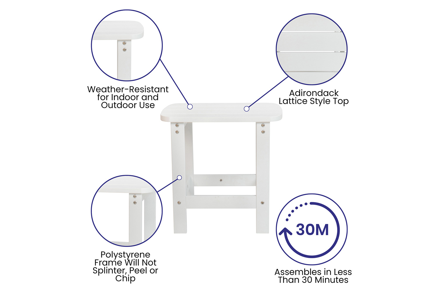 BLNK Charlestown Commercial All-Weather Poly Resin Wood Adirondack Chairs with Side Table 2 Pack - White