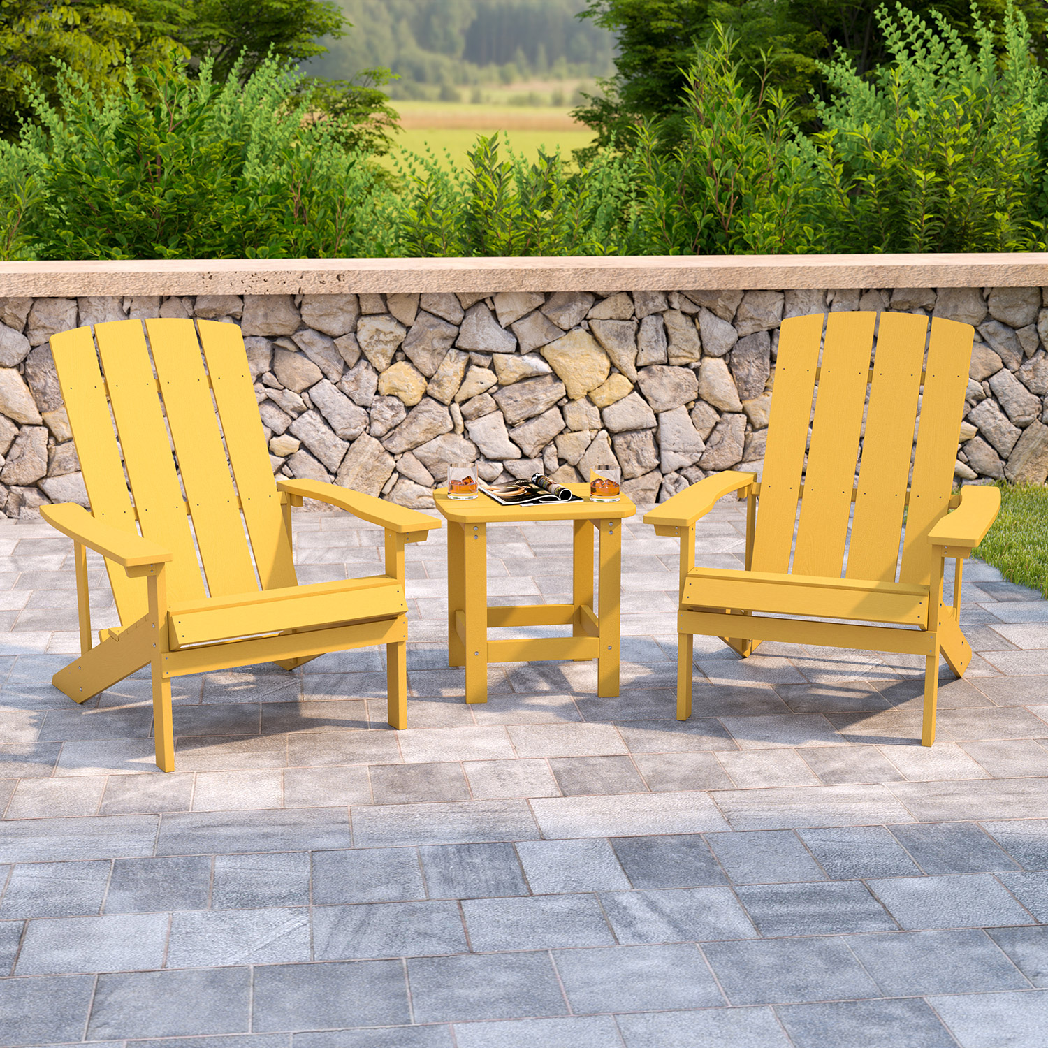 BLNK Charlestown Commercial All-Weather Poly Resin Wood Adirondack Chairs with Side Table 2 Pack