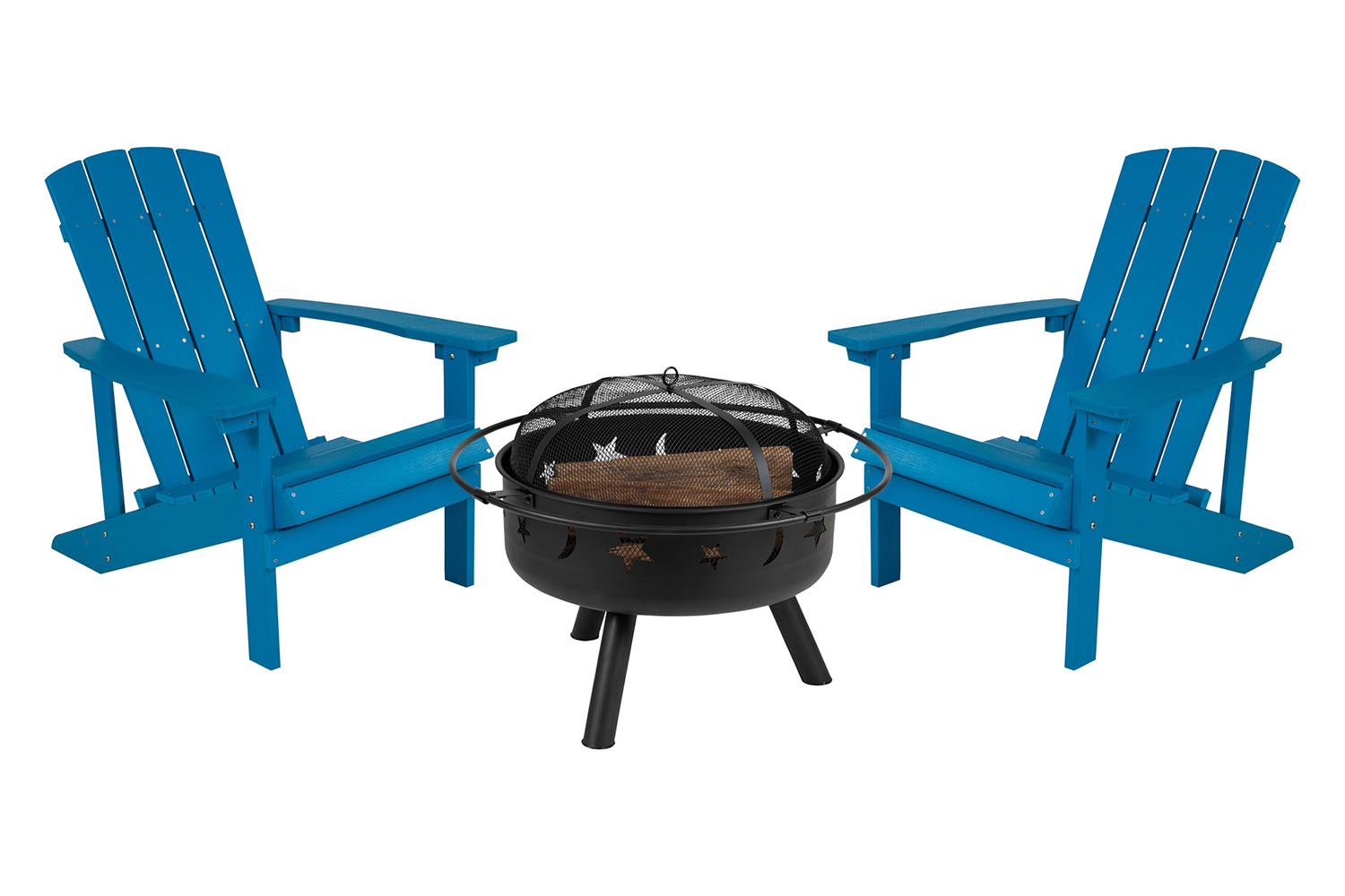 BLNK Charlestown Commercial Poly Resin Wood Adirondack Chair Set with Star and Moon Firepit with Mesh Cover 3 Piece - Blue