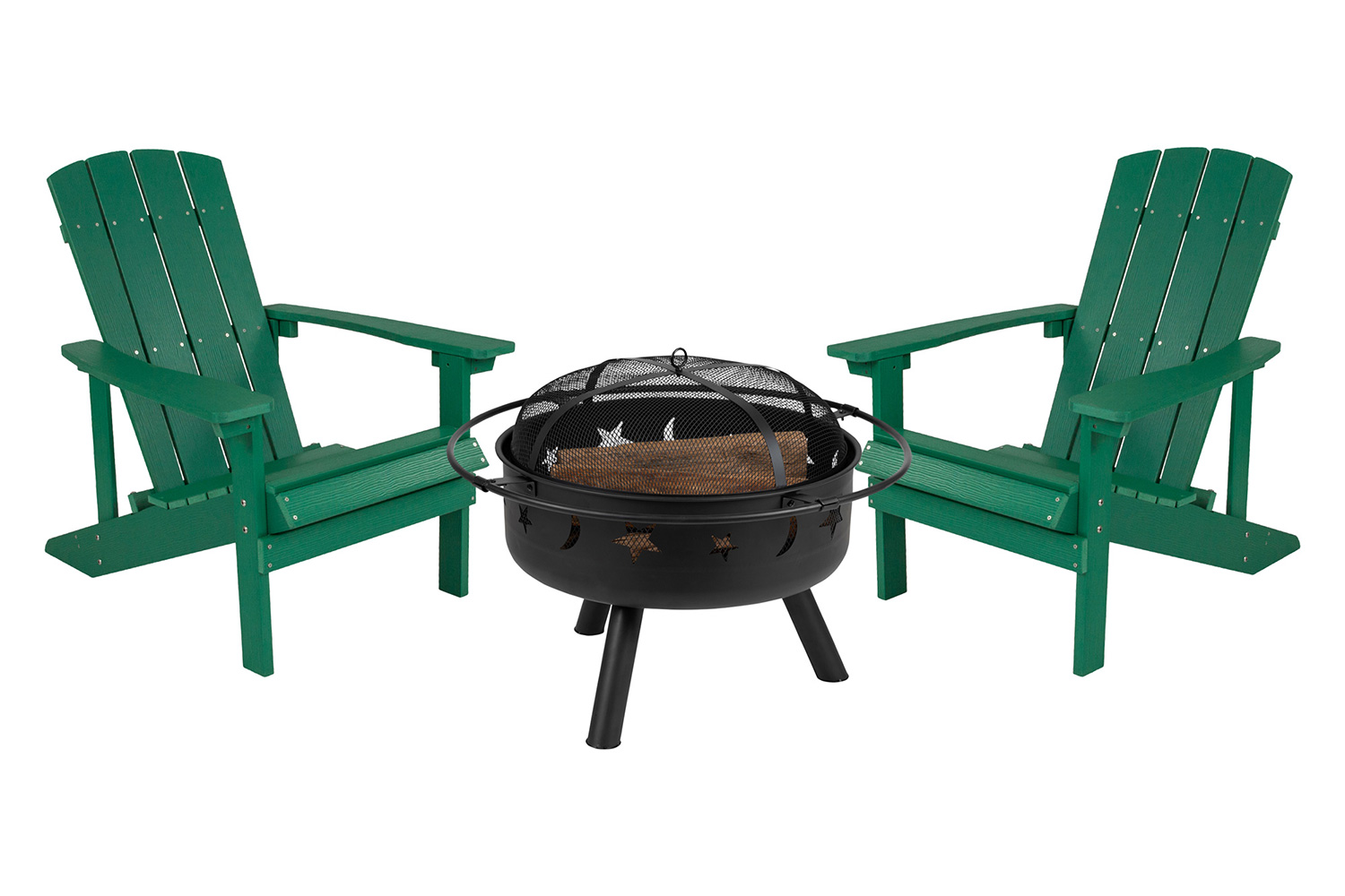 BLNK Charlestown Commercial Poly Resin Wood Adirondack Chair Set with Star and Moon Firepit with Mesh Cover 3 Piece - Green