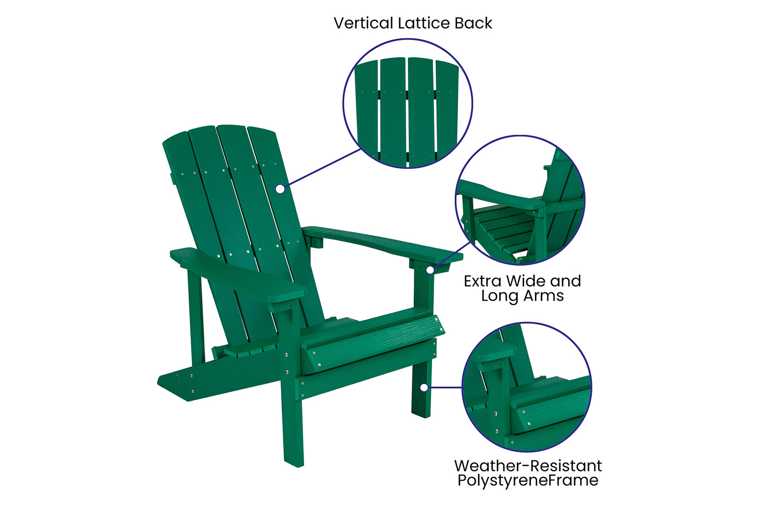 BLNK Charlestown Commercial Poly Resin Wood Adirondack Chair Set with Star and Moon Firepit with Mesh Cover 3 Piece - Green