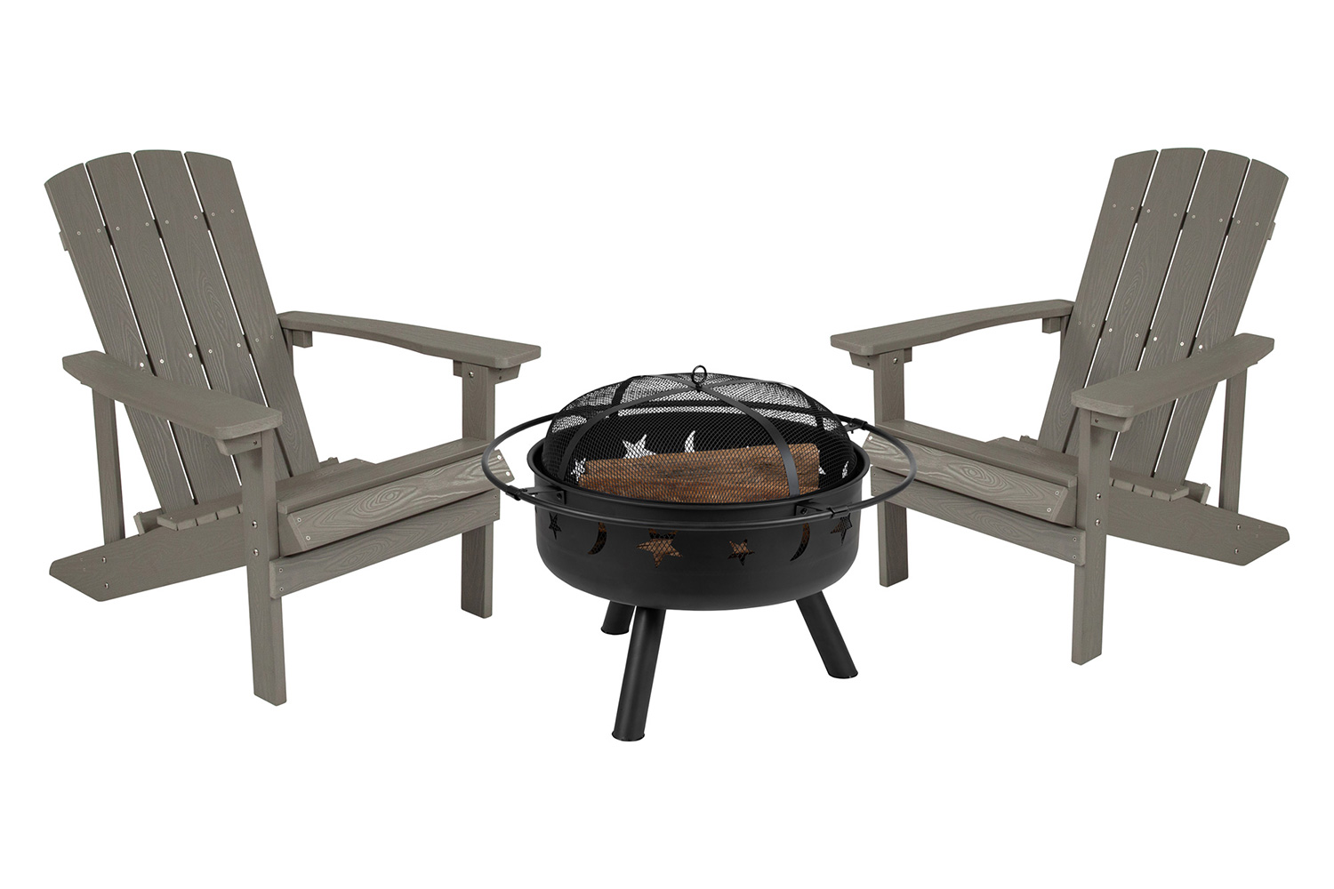 BLNK Charlestown Commercial Poly Resin Wood Adirondack Chair Set with Star and Moon Firepit with Mesh Cover 3 Piece - Gray