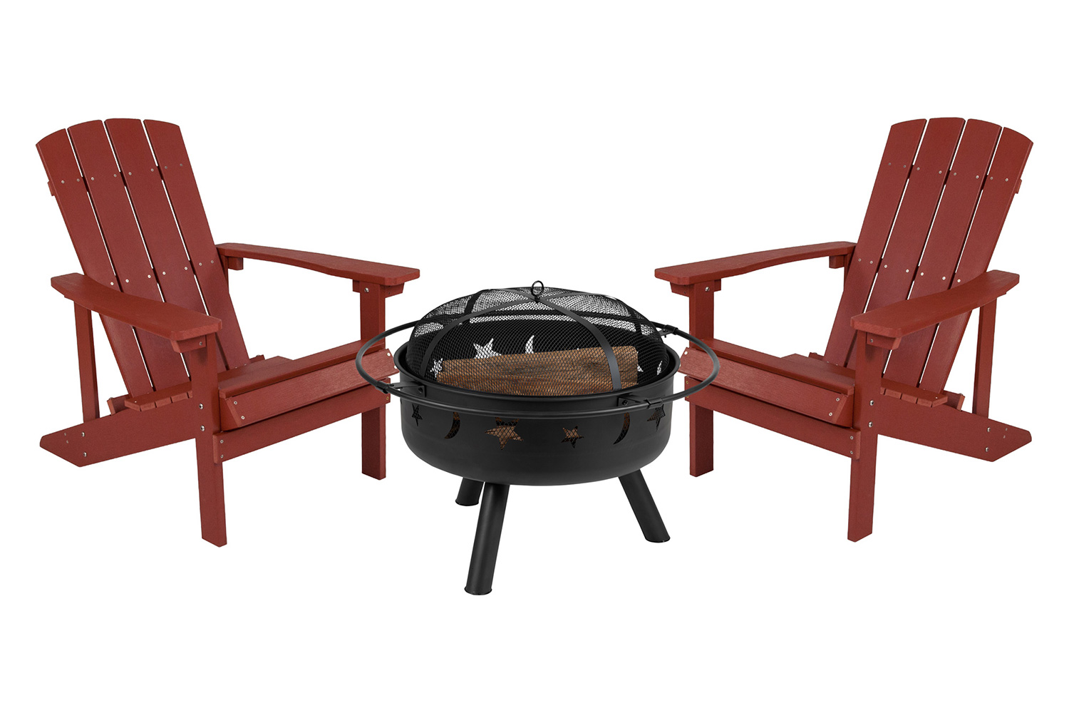 BLNK Charlestown Commercial Poly Resin Wood Adirondack Chair Set with Star and Moon Firepit with Mesh Cover 3 Piece - Red