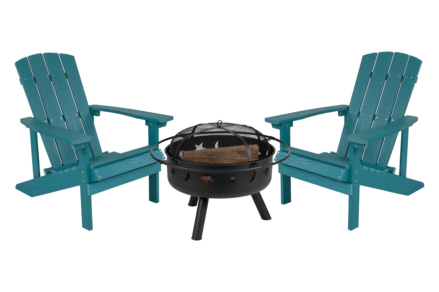 BLNK Charlestown Commercial Poly Resin Wood Adirondack Chair Set with Star and Moon Firepit with Mesh Cover 3 Piece - Sea Foam