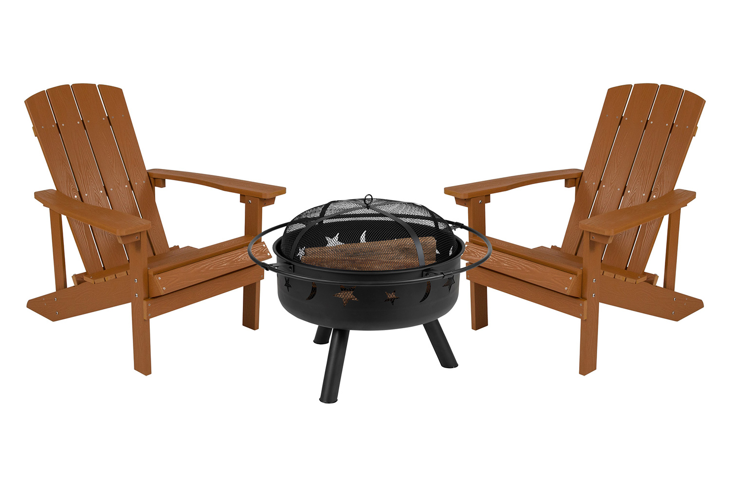 BLNK Charlestown Commercial Poly Resin Wood Adirondack Chair Set with Star and Moon Firepit with Mesh Cover 3 Piece - Teak