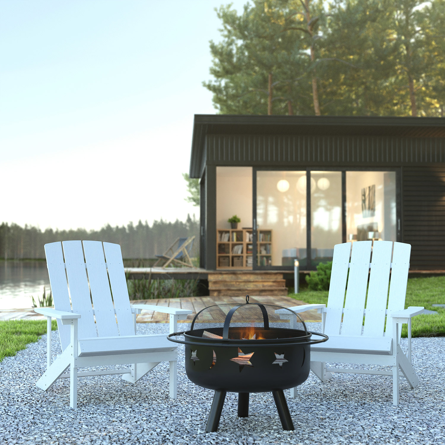 BLNK Charlestown Commercial Poly Resin Wood Adirondack Chair Set with Star and Moon Firepit with Mesh Cover 3 Piece