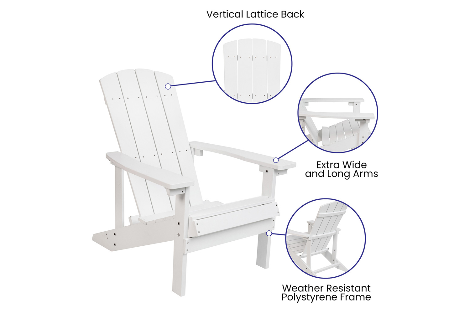 BLNK Charlestown Commercial Poly Resin Wood Adirondack Chair Set with Star and Moon Firepit with Mesh Cover 3 Piece - White