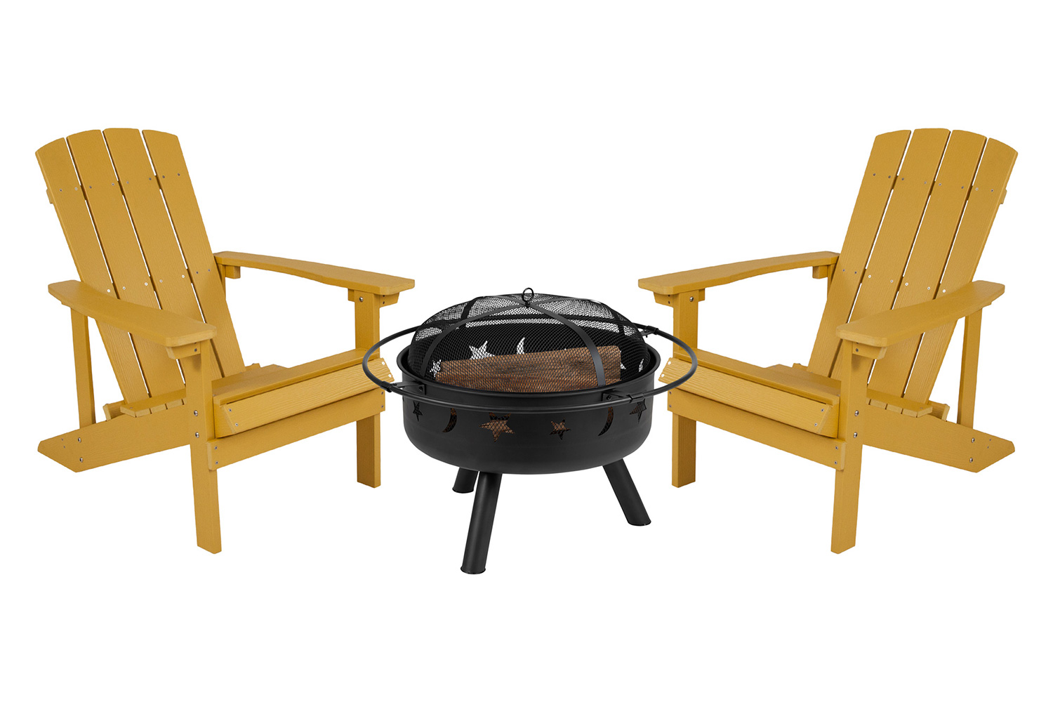 BLNK Charlestown Commercial Poly Resin Wood Adirondack Chair Set with Star and Moon Firepit with Mesh Cover 3 Piece - Yellow