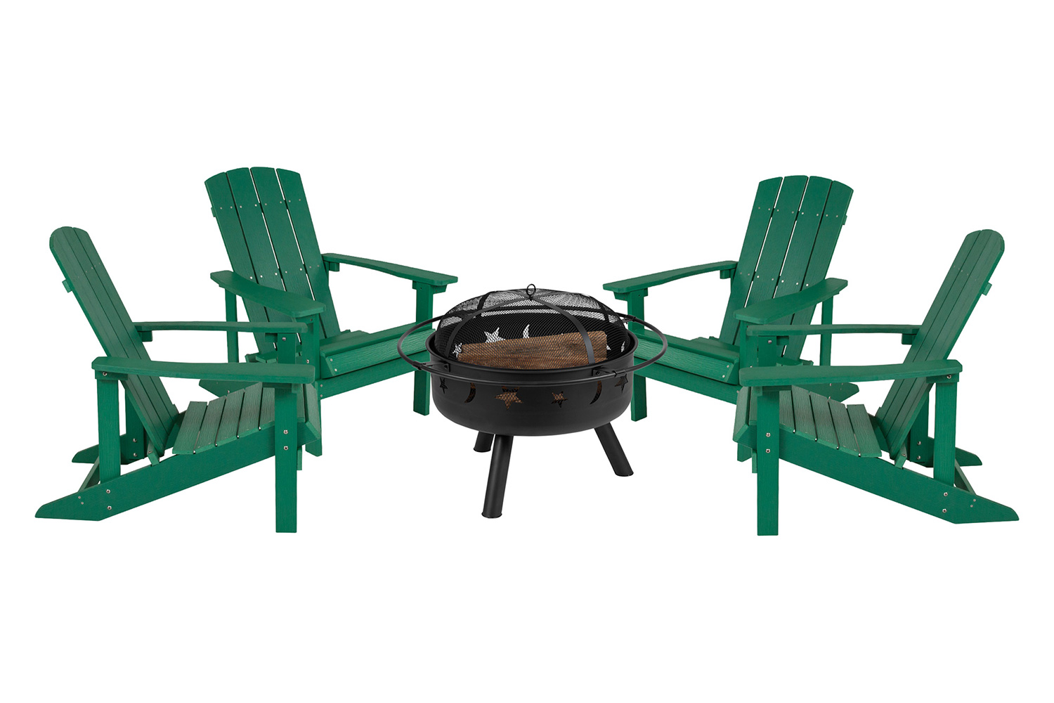 BLNK Charlestown Commercial Poly Resin Wood Adirondack Chair Set with Star and Moon Firepit with Mesh Cover 5 Piece - Green