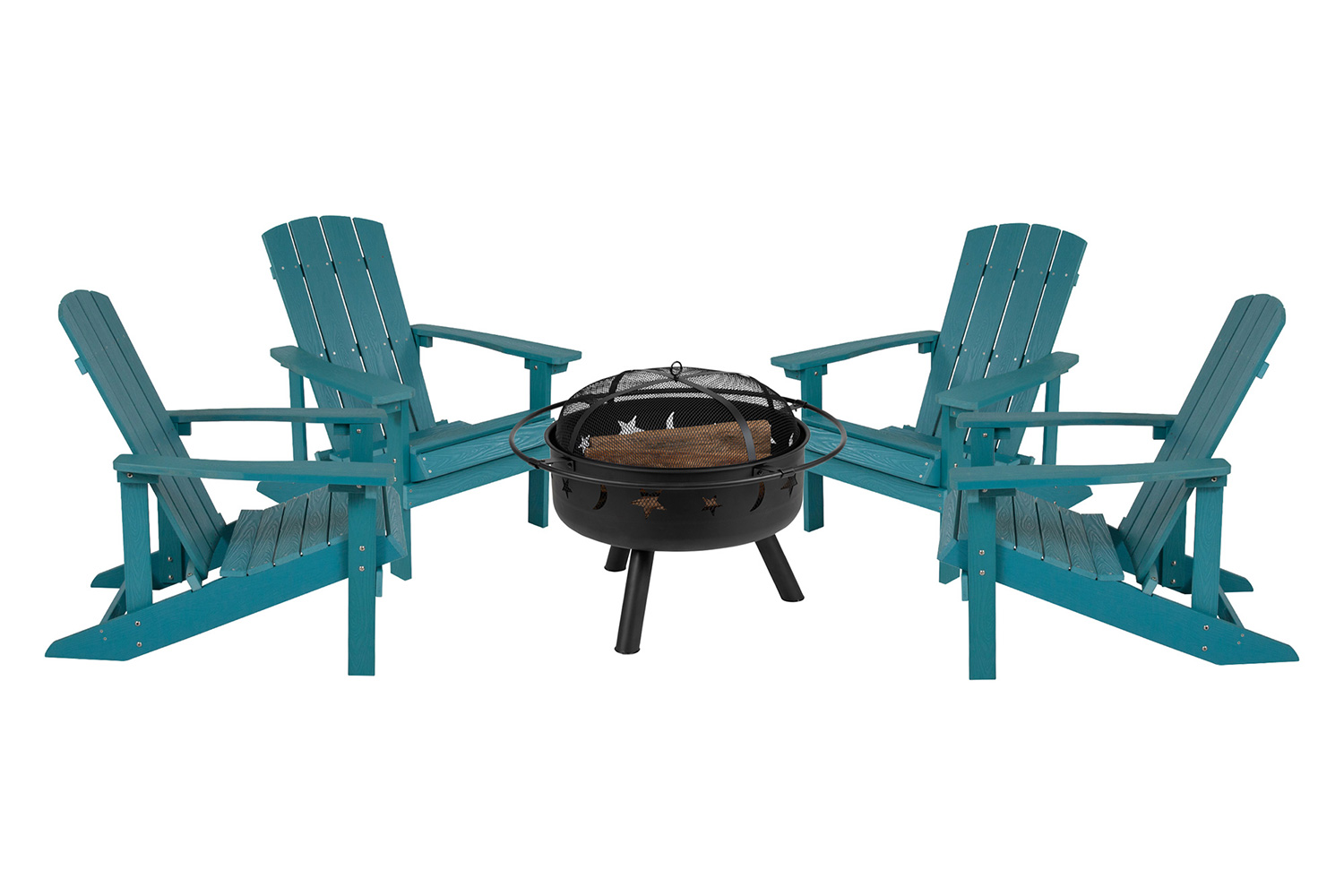 BLNK™ Charlestown Commercial Poly Resin Wood Adirondack Chair Set with Star and Moon Firepit with Mesh Cover 5 Piece - Sea Foam