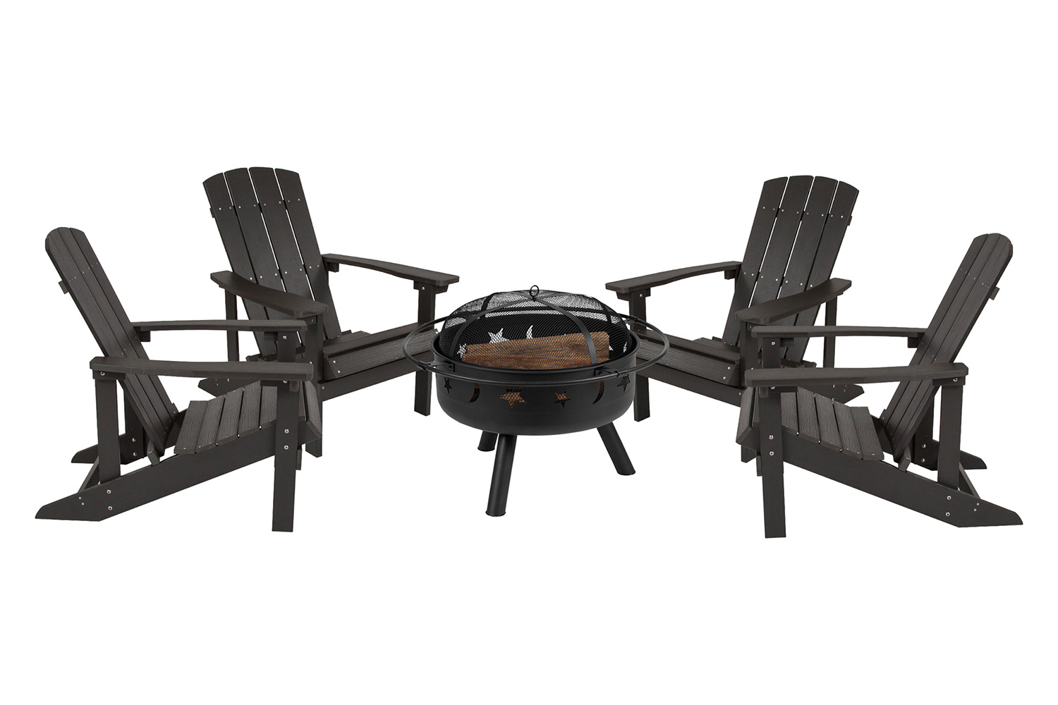 BLNK Charlestown Commercial Poly Resin Wood Adirondack Chair Set with Star and Moon Firepit with Mesh Cover 5 Piece