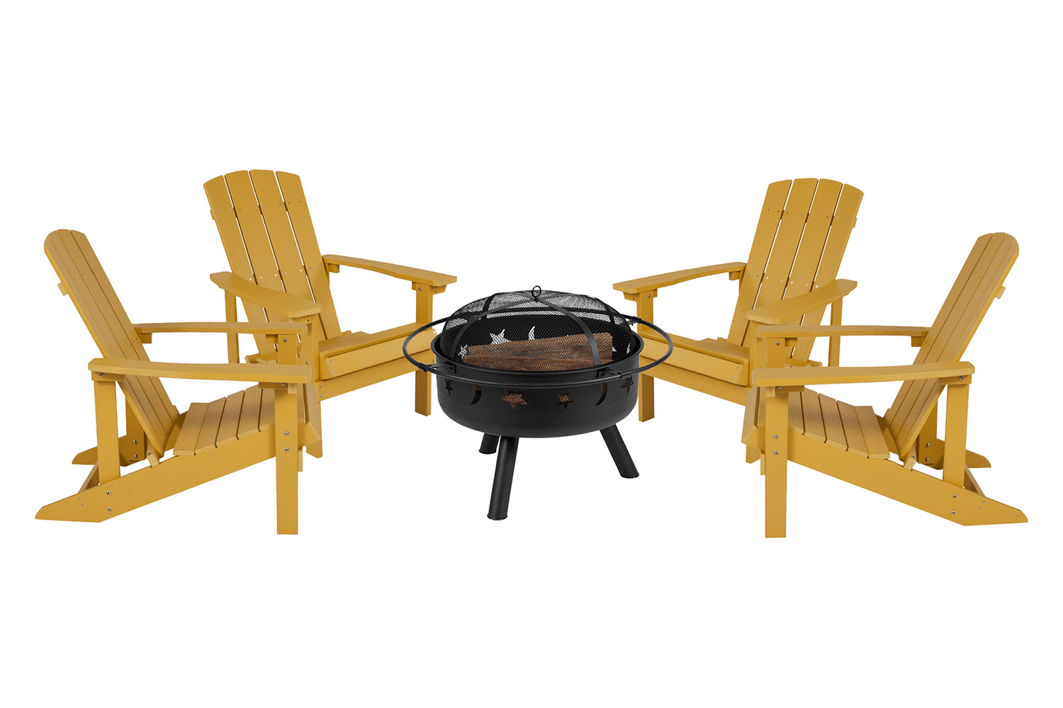 BLNK™ Charlestown Commercial Poly Resin Wood Adirondack Chair Set with Star and Moon Firepit with Mesh Cover 5 Piece - Yellow