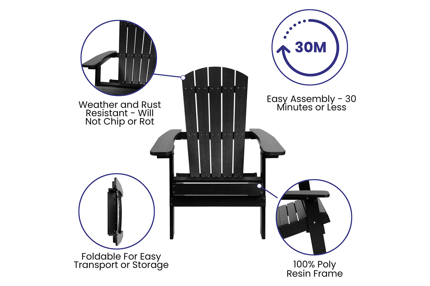 BLNK Charlestown Commercial All-Weather Poly Resin Wood Folding Adirondack Chairs with Side Table 2 Pack - Black