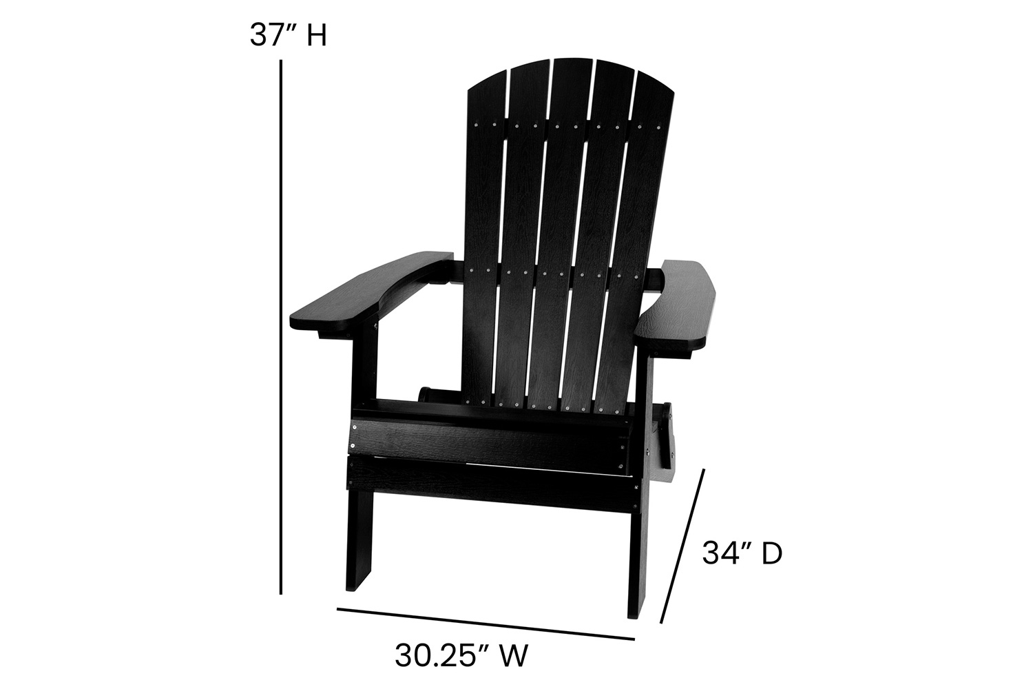 BLNK Charlestown Commercial All-Weather Poly Resin Wood Folding Adirondack Chairs with Side Table 2 Pack - Black