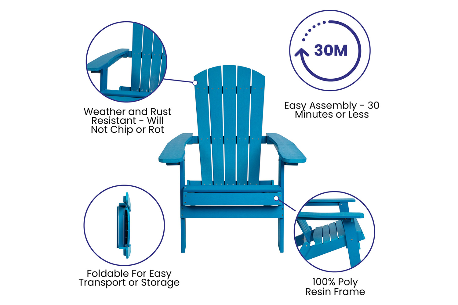 BLNK Charlestown Commercial All-Weather Poly Resin Wood Folding Adirondack Chairs with Side Table 2 Pack - Blue