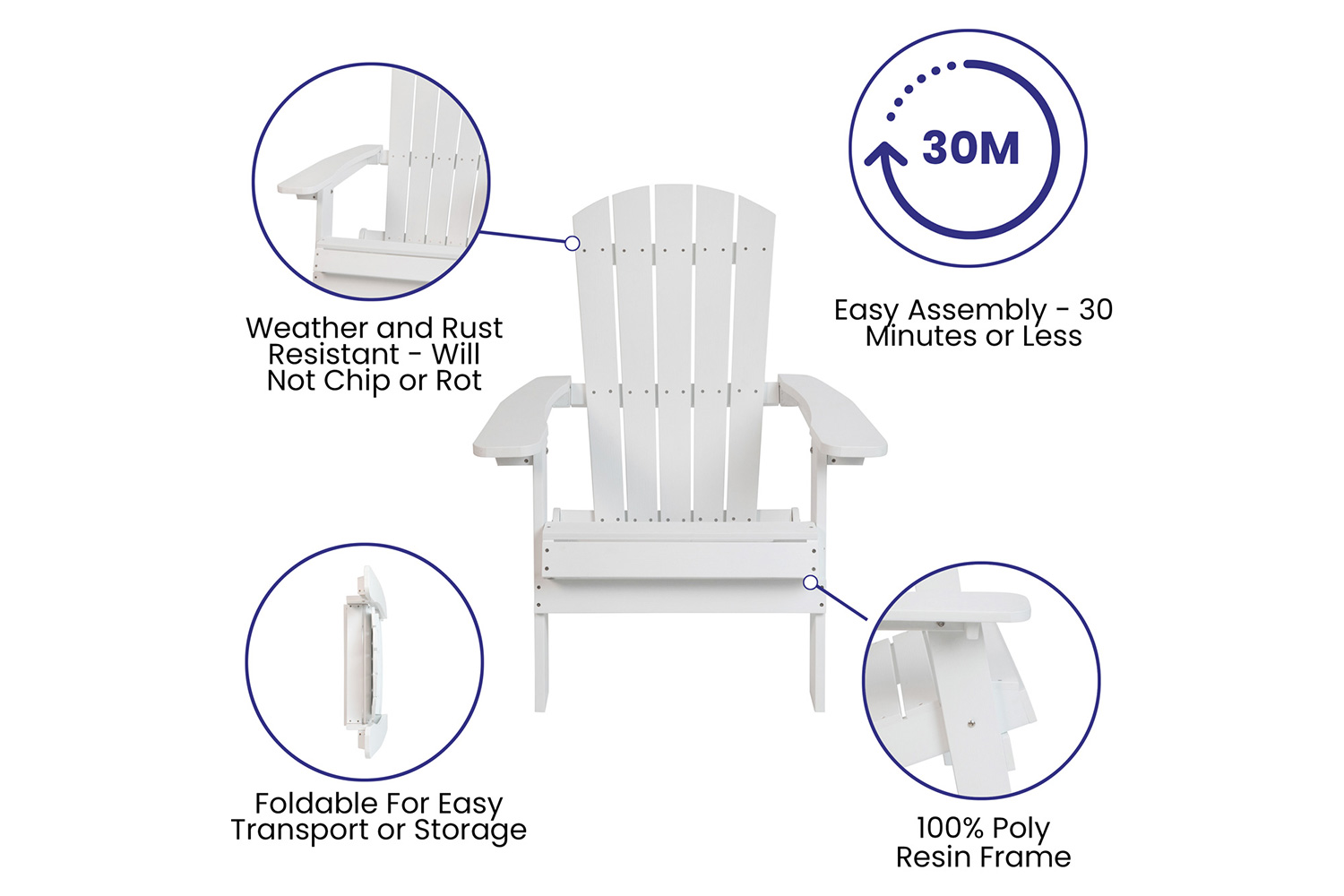 BLNK - Charlestown Commercial All-Weather Poly Resin Wood Folding Adirondack Chair with Side Table 2 Pack