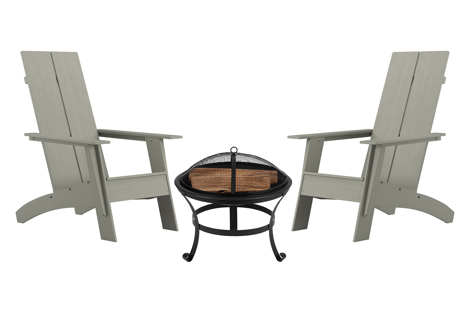 BLNK Sawyer Commercial All-Weather 2-Slat Poly Resin Adirondack Chairs with 22" Round Wood Burning Firepit Set of 2