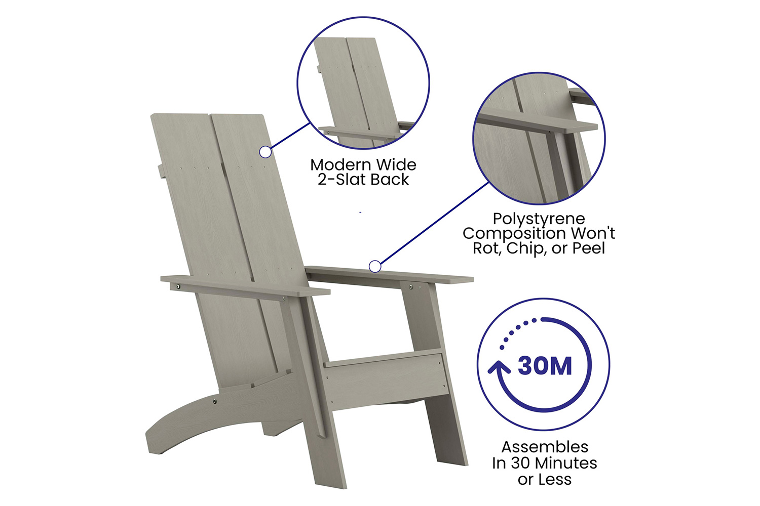 BLNK Sawyer Commercial All-Weather 2-Slat Poly Resin Adirondack Chairs with 22" Round Wood Burning Firepit Set of 2 - Gray